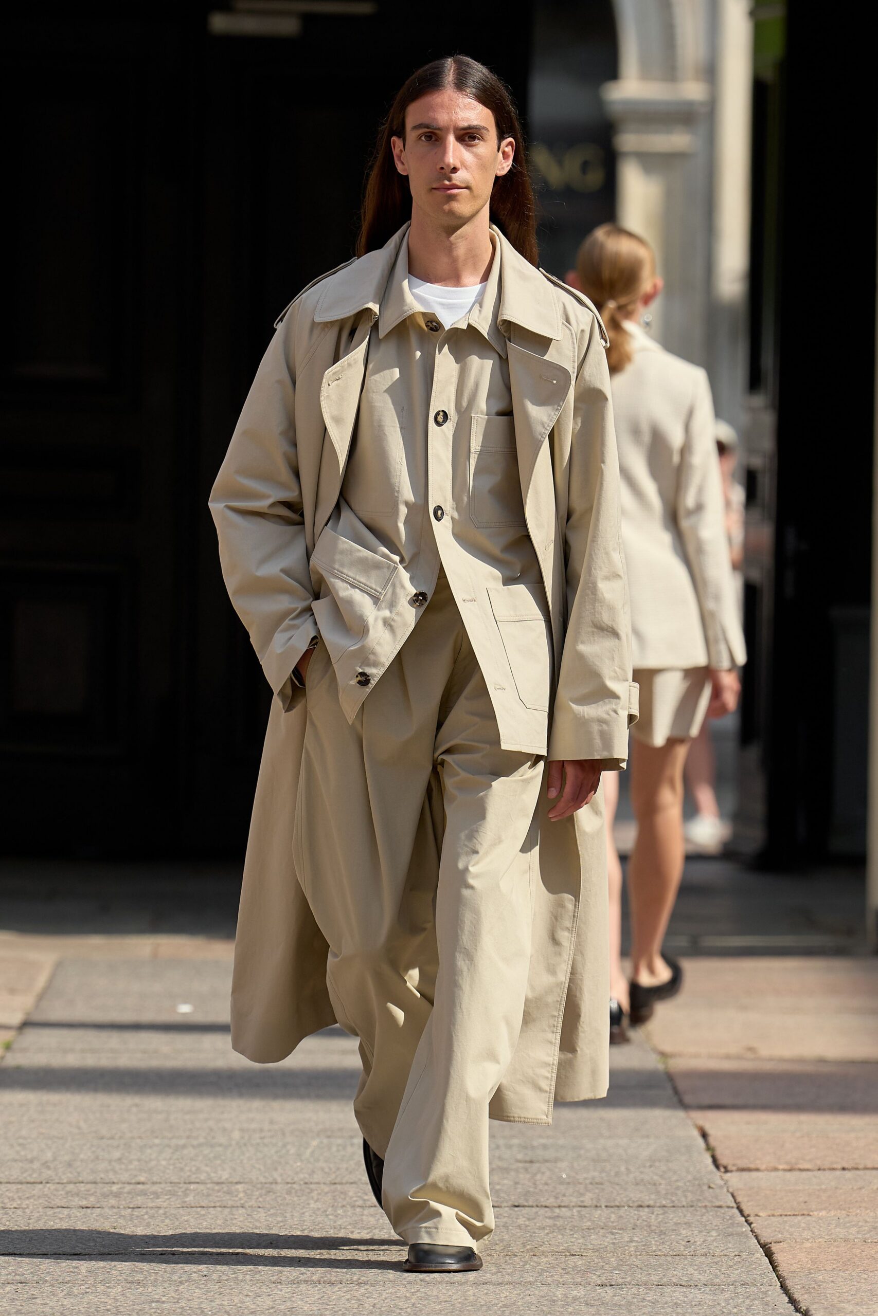 beige trench coat with relaxed pants