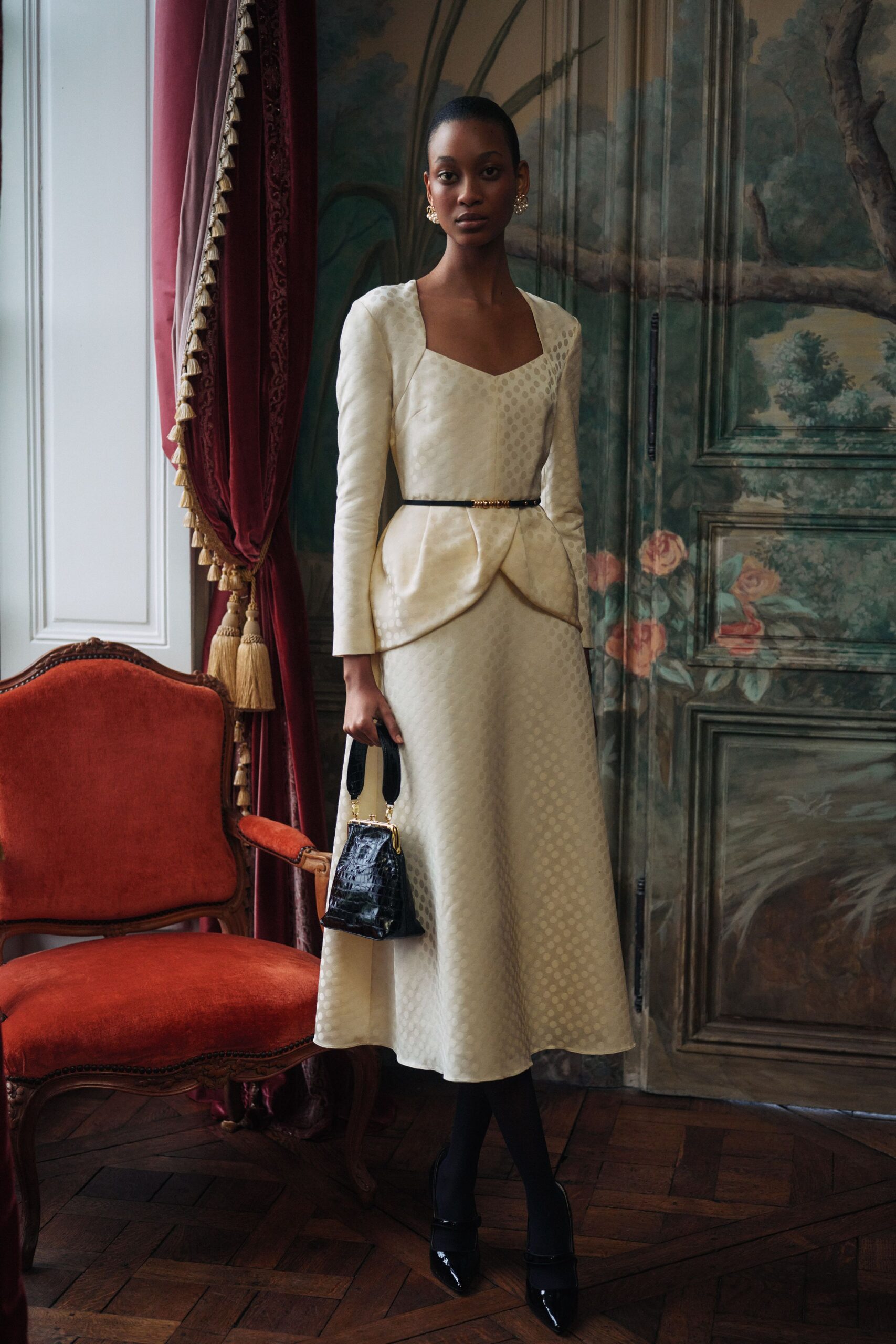 beige silk long-sleeve dress