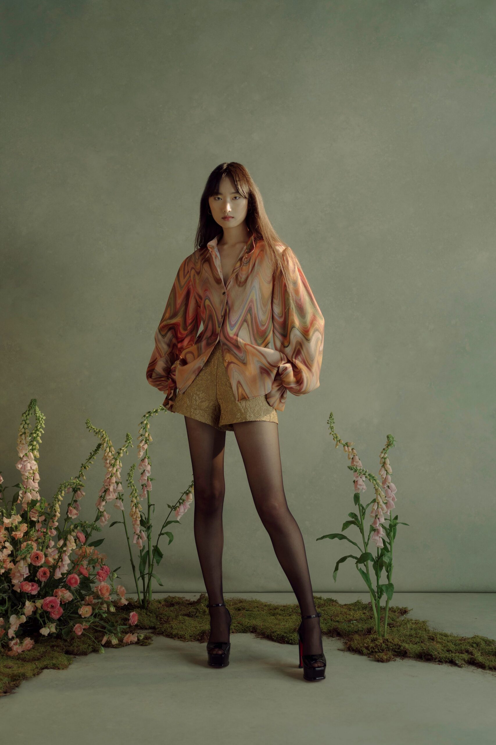 multi silk long-sleeve collared relaxed printed shirt