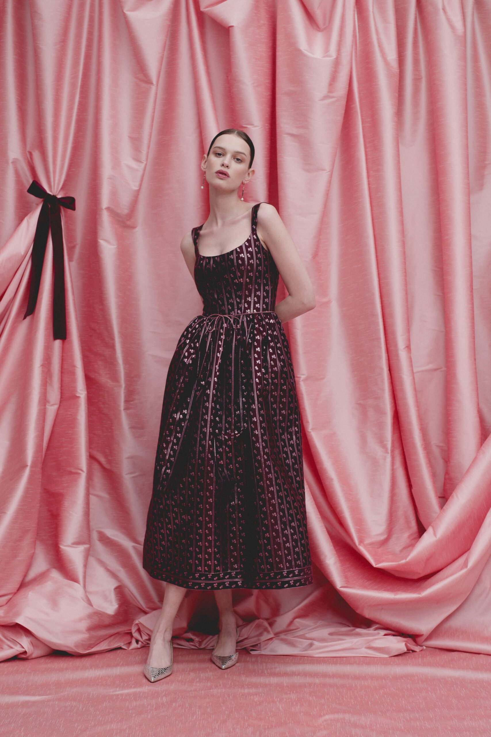 black silk pleated midi dress