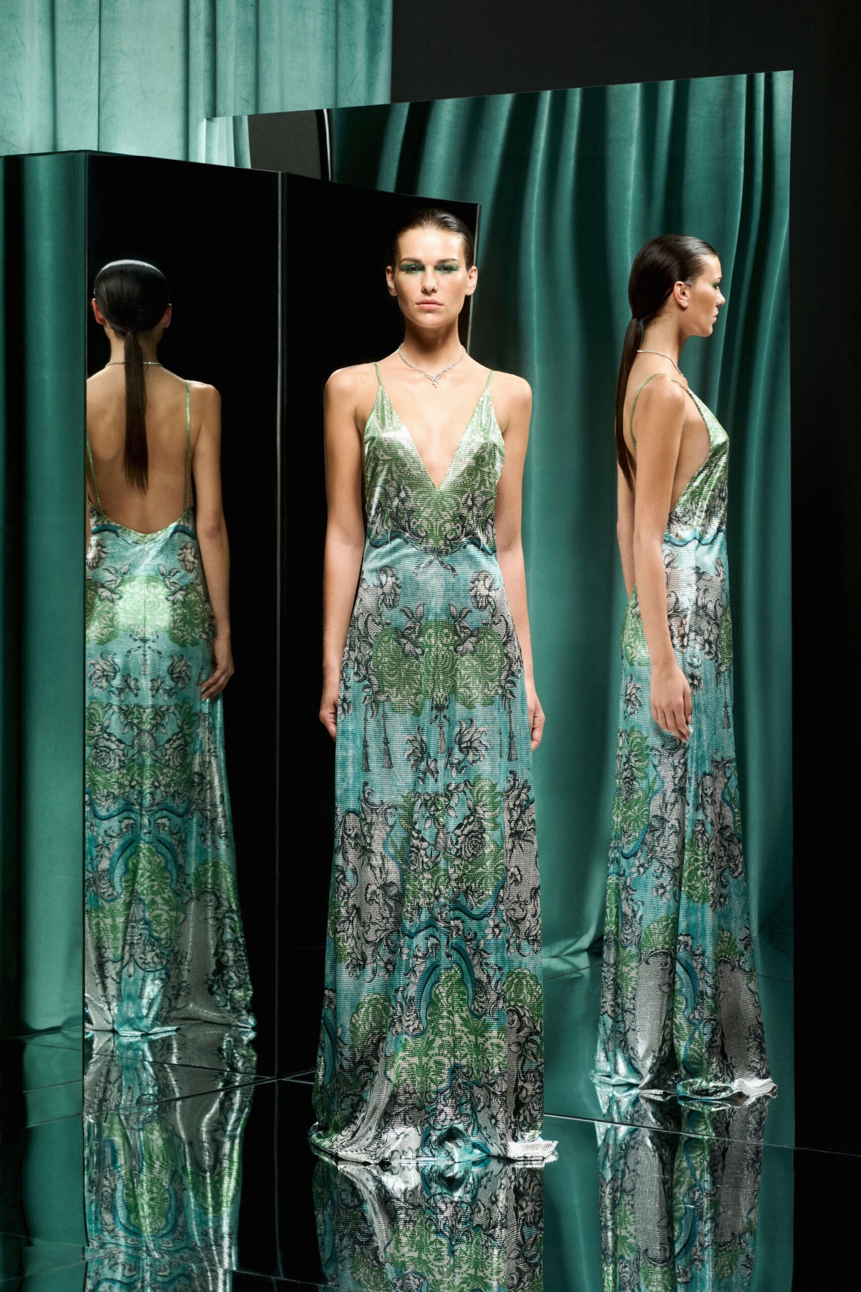 blue green printed silk gown