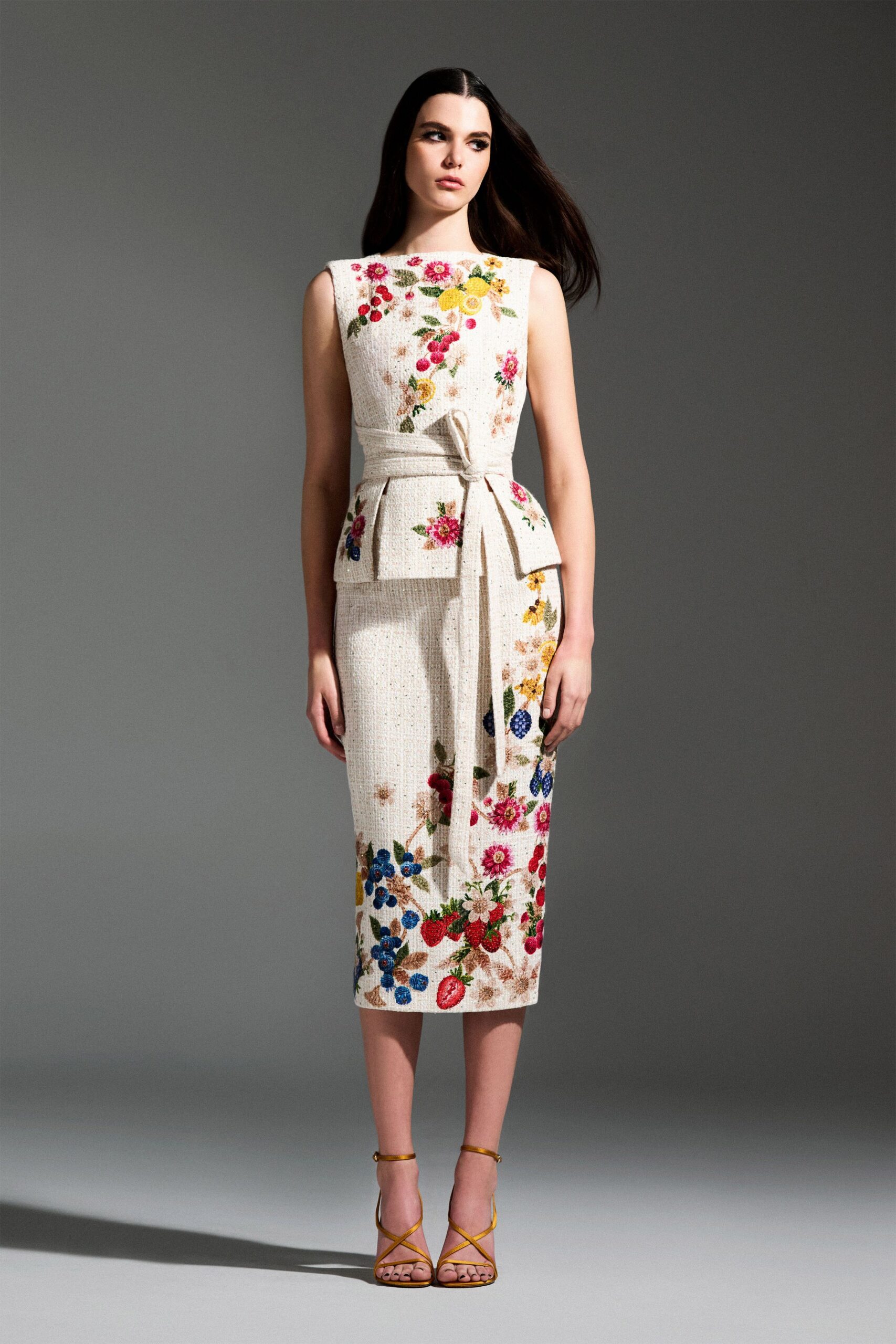 ivory cotton sleeveless high-neck fitted embroidered belted dress