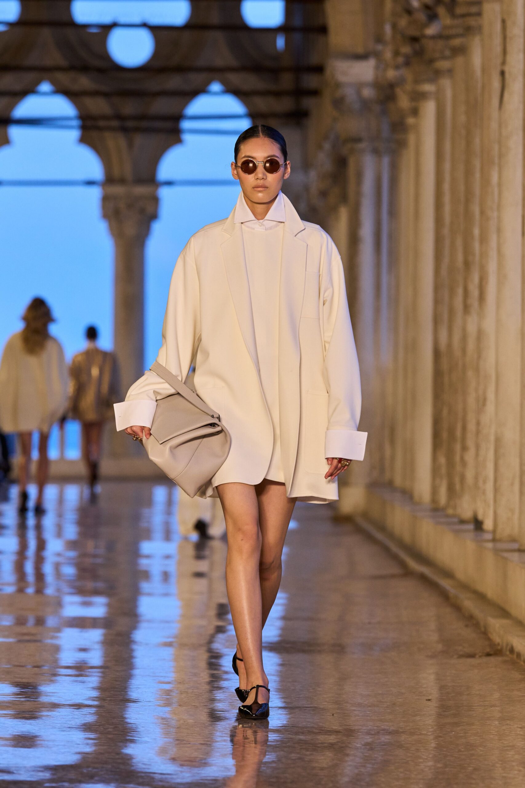 oversized white coat with mini dress