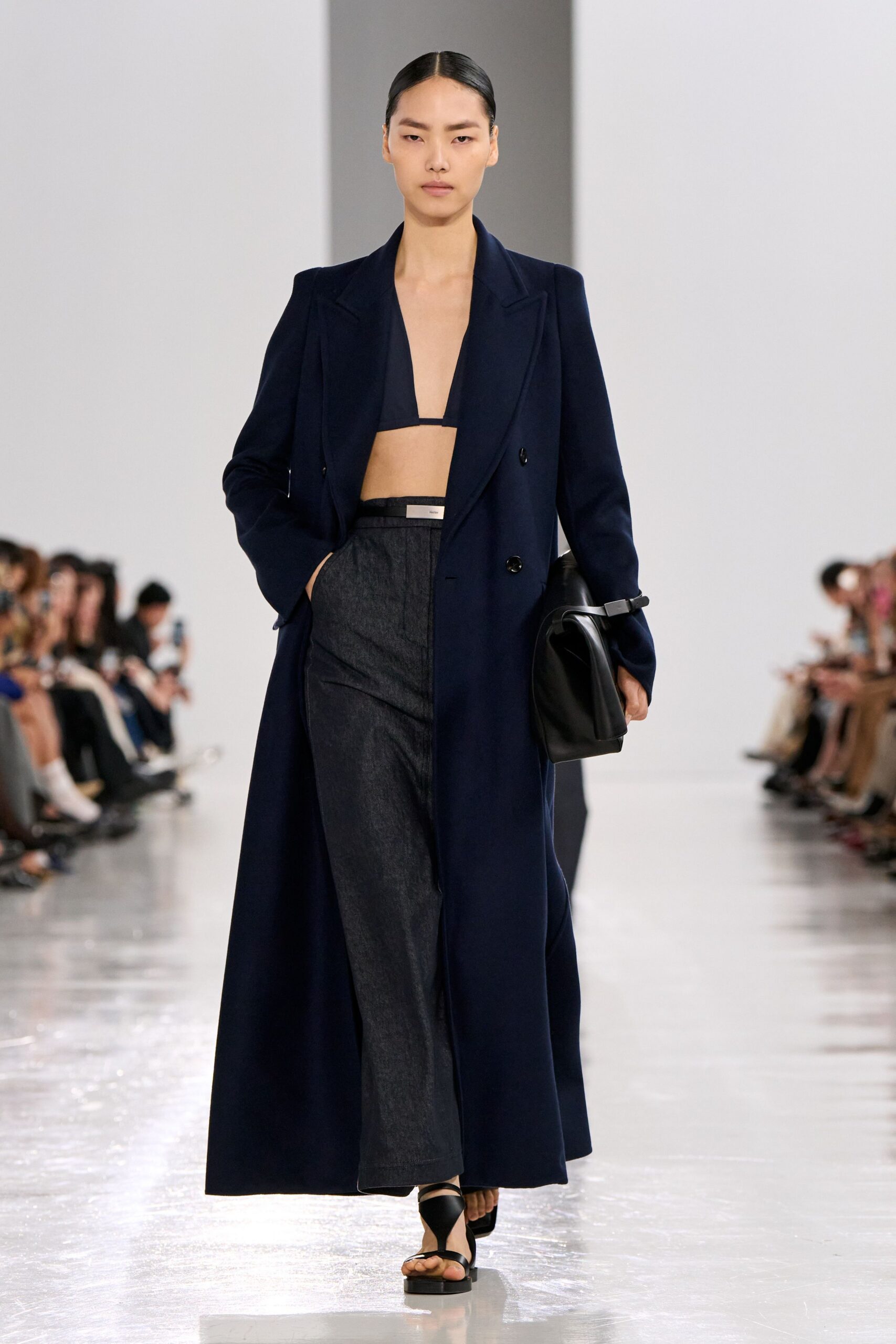 blue wool long-sleeve collared tailored maxi coat