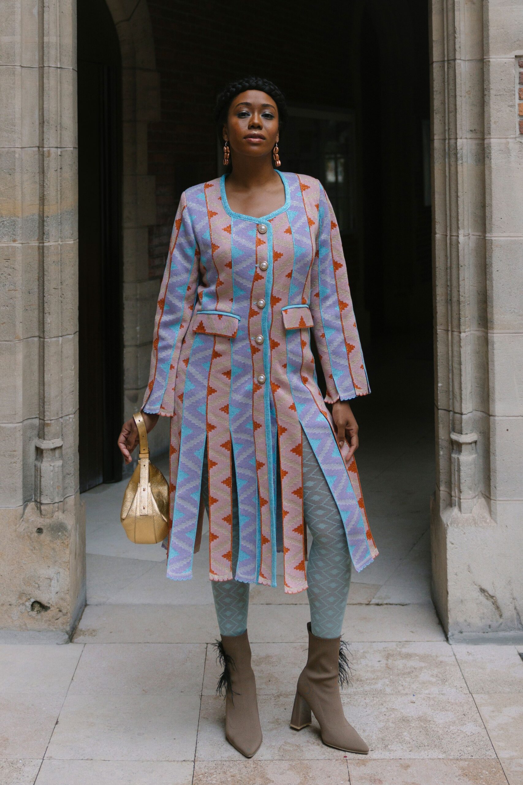 multi silk long-sleeve collared fitted buttoned printed coat