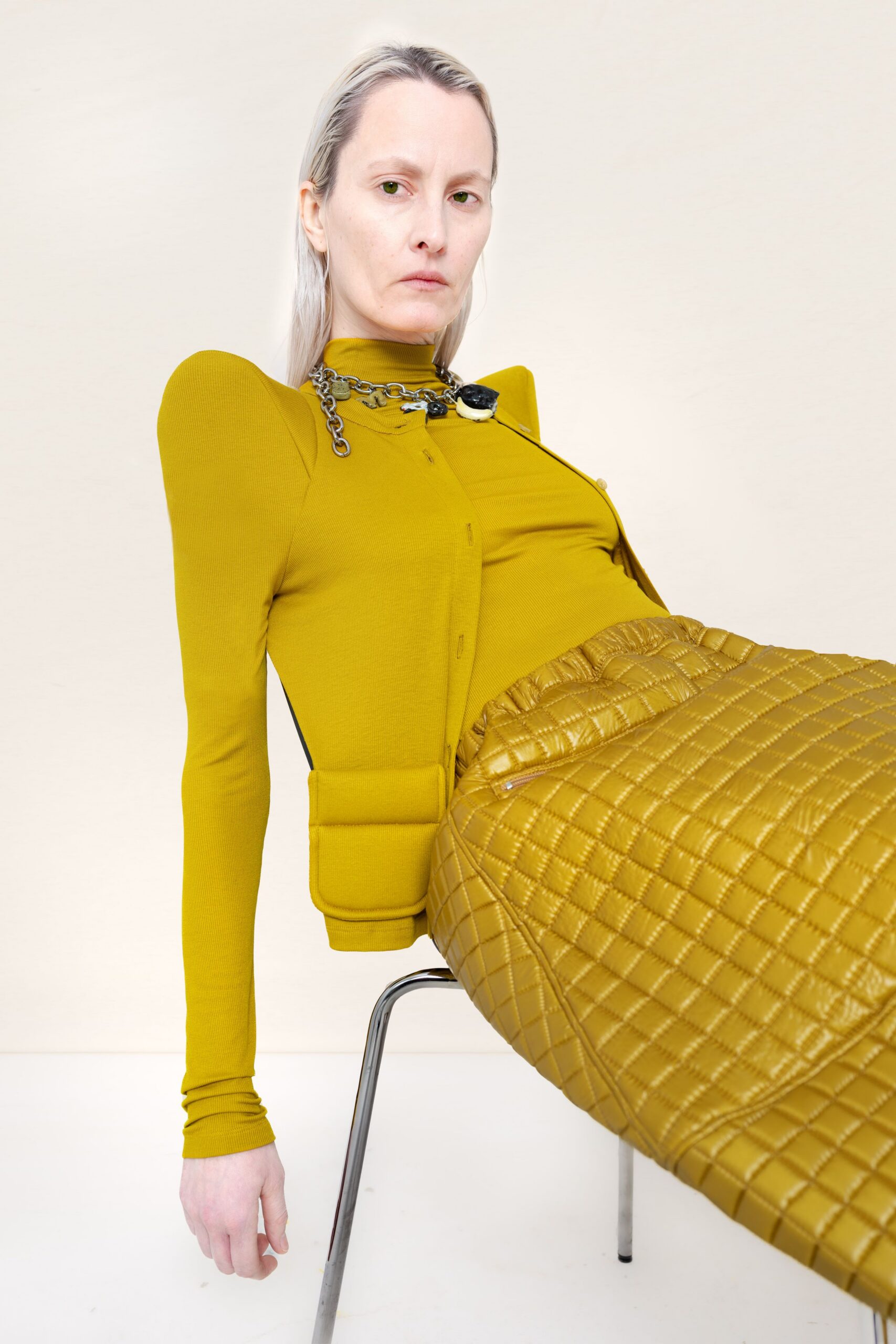 yellow vinyl fitted quilted skirt
