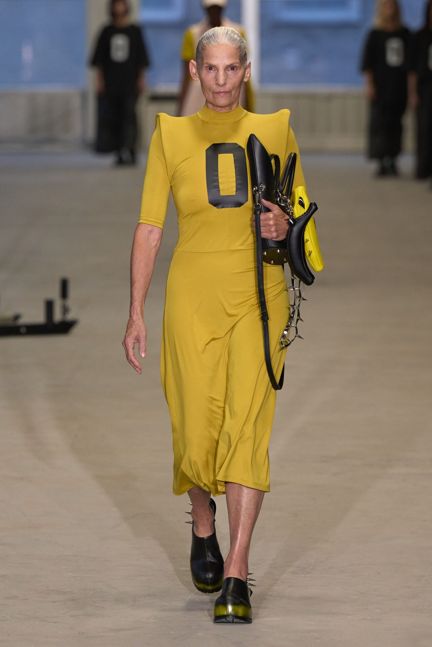 yellow cotton short-sleeve high-neck fitted straight-leg midi dress