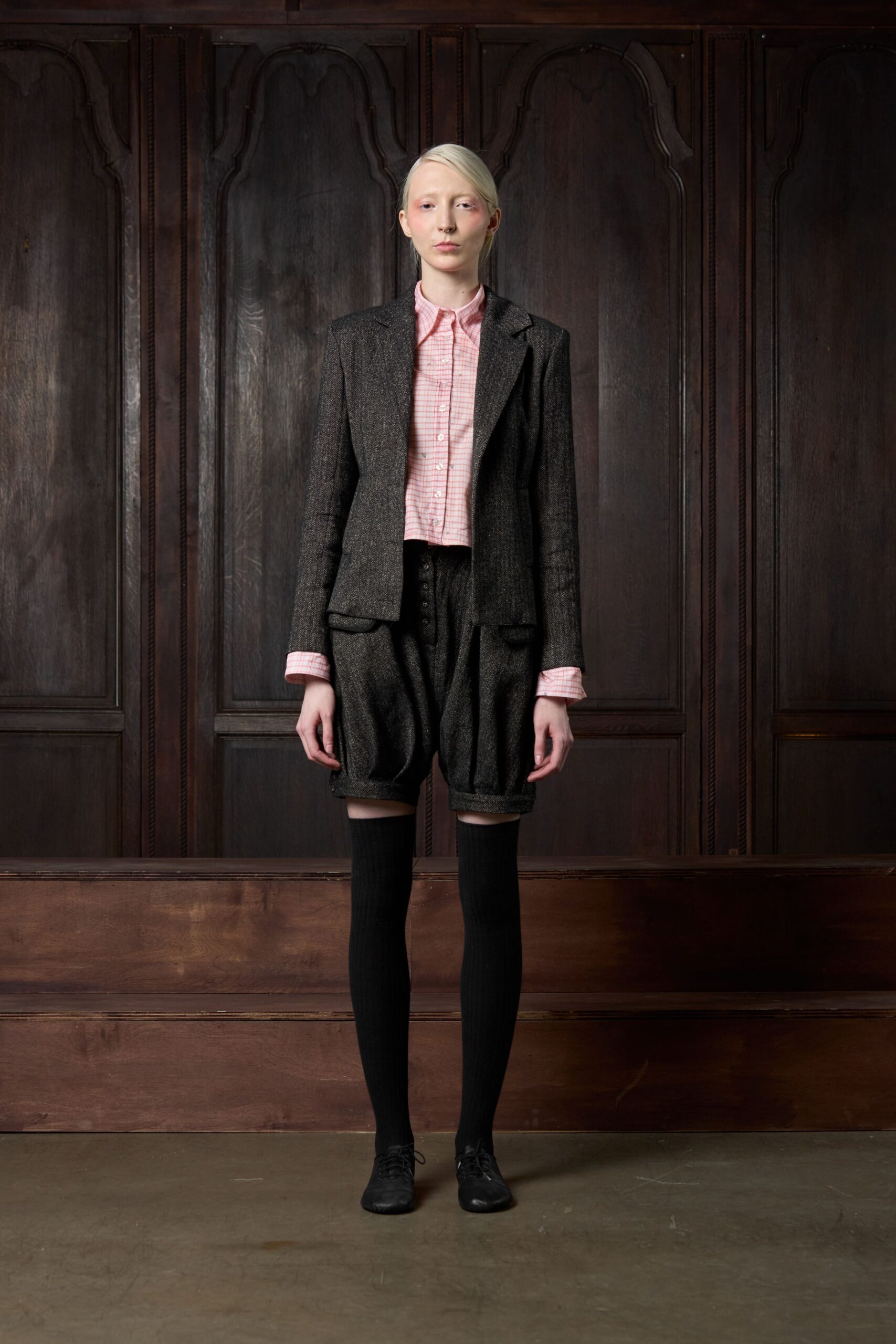 black tailored blazer with pink shirt