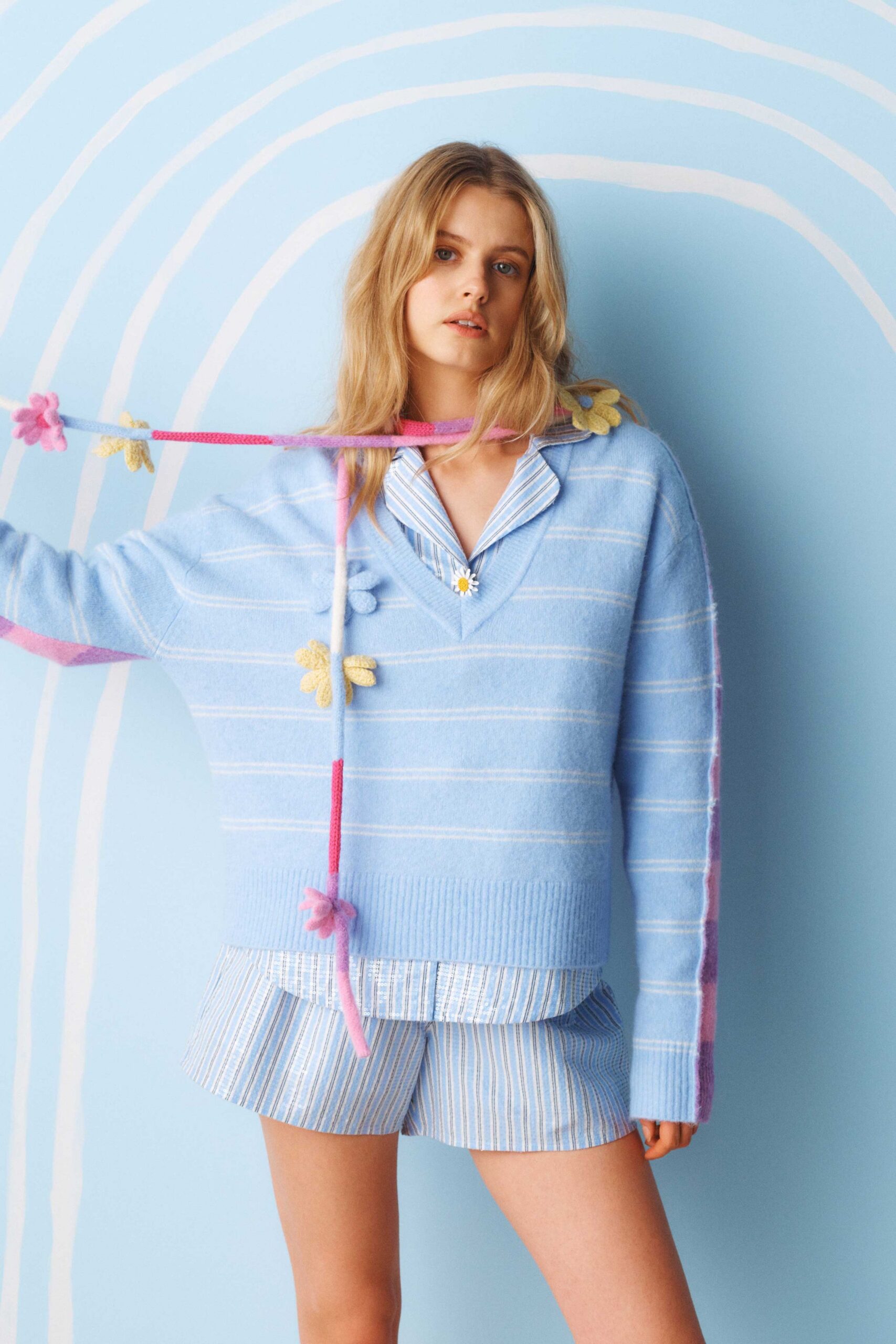 blue wool long-sleeve collared oversized striped embroidered sweater