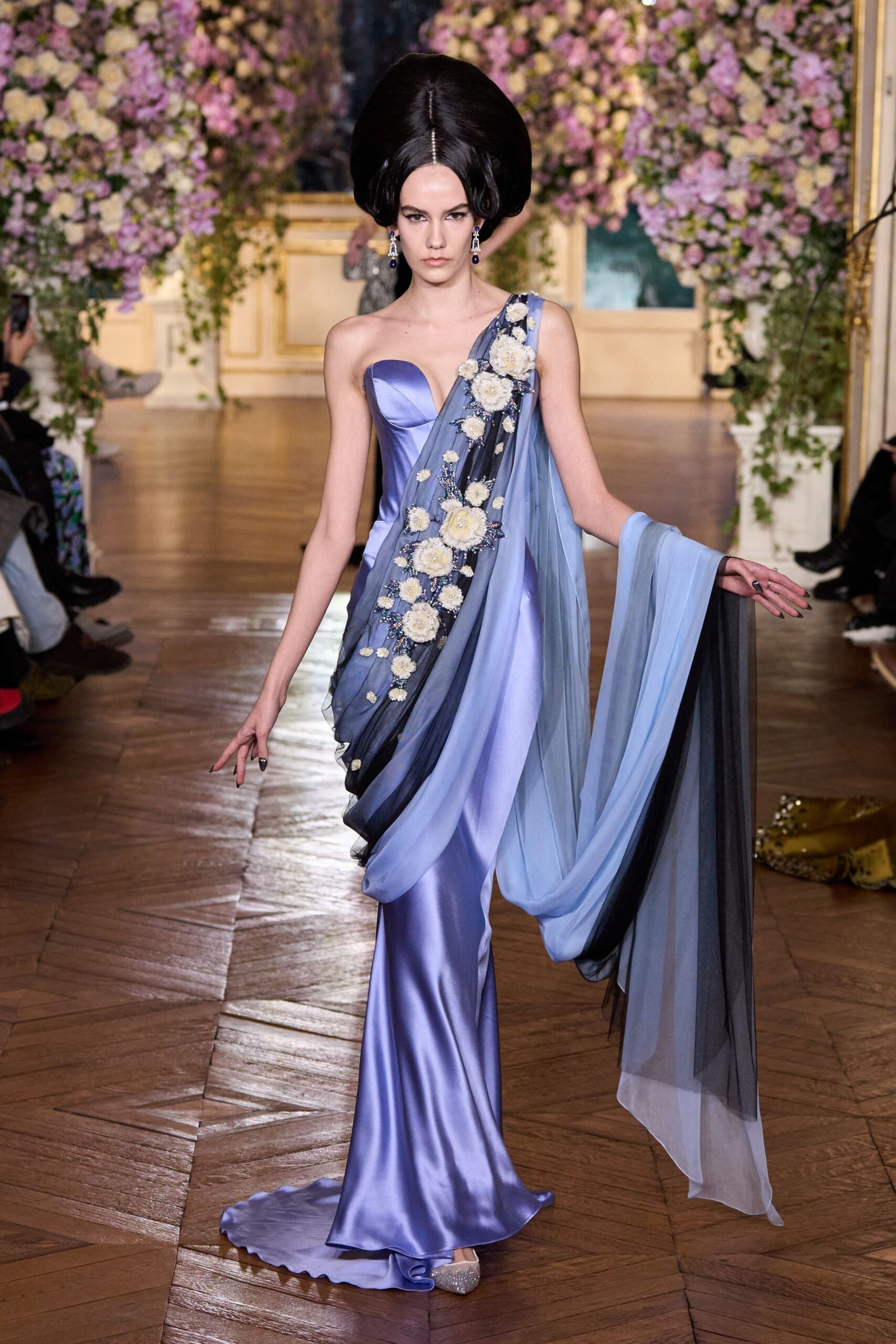 blue silk strapless gown