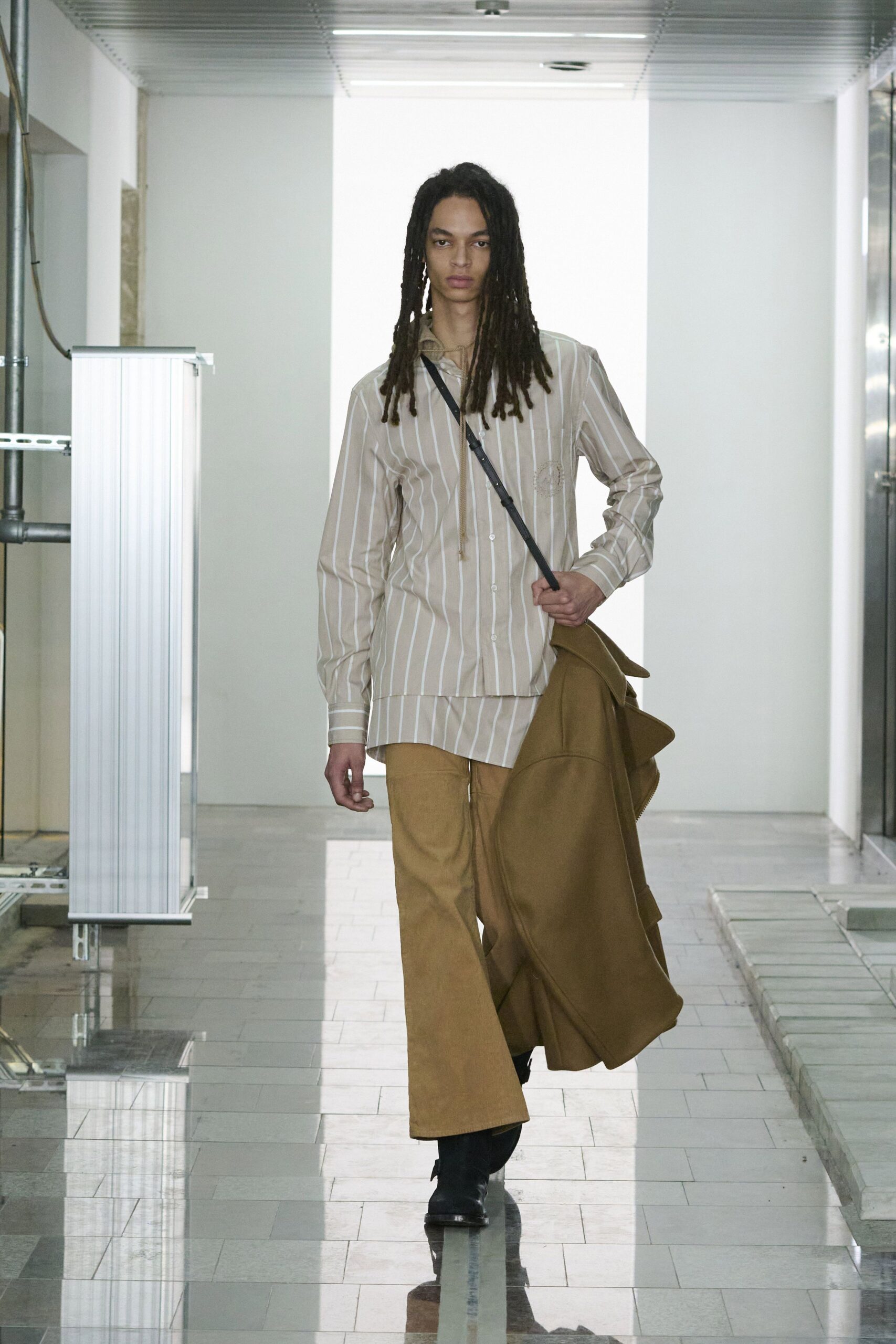 beige striped shirt with wide-leg pants