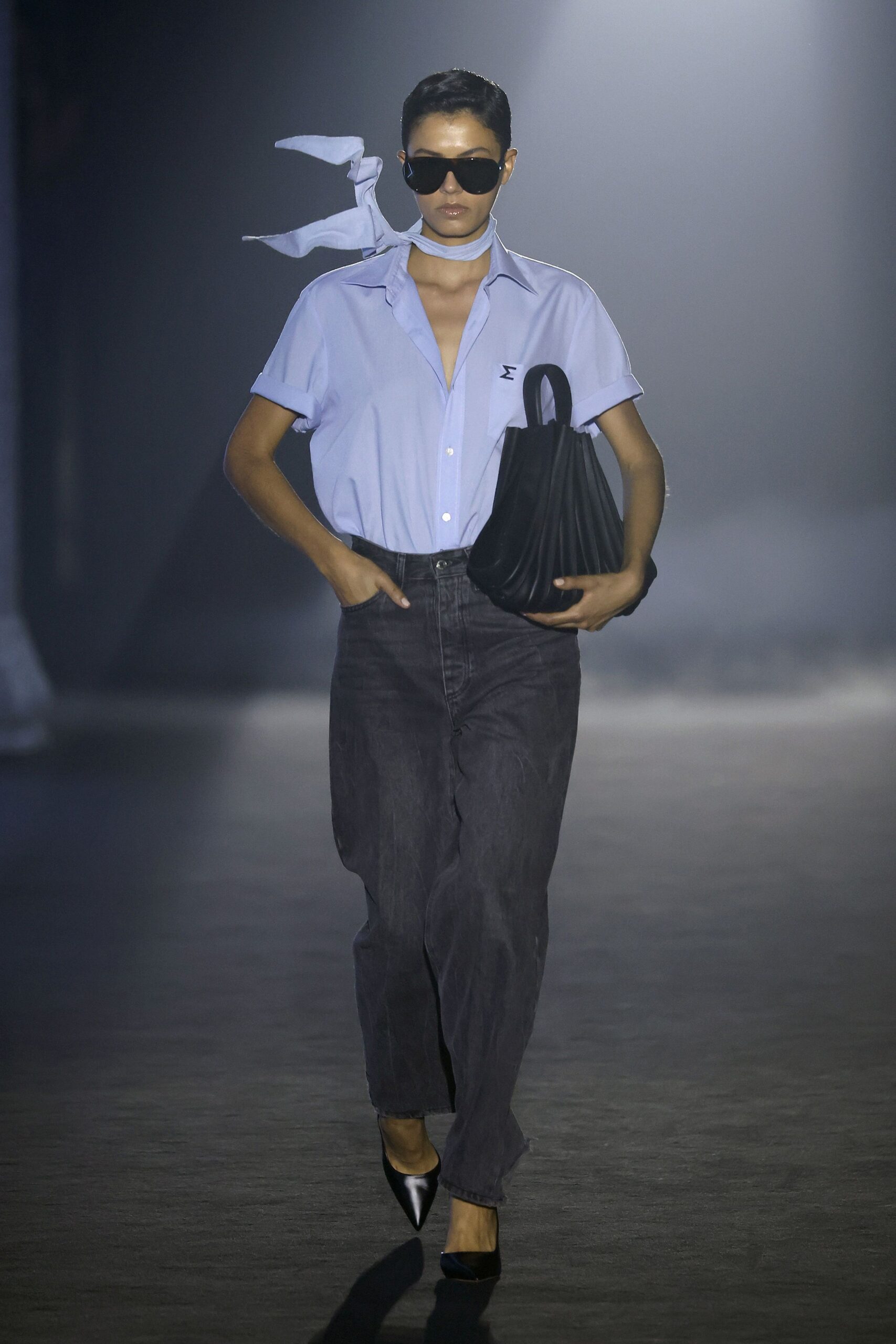 blue cotton shirt with gray pants