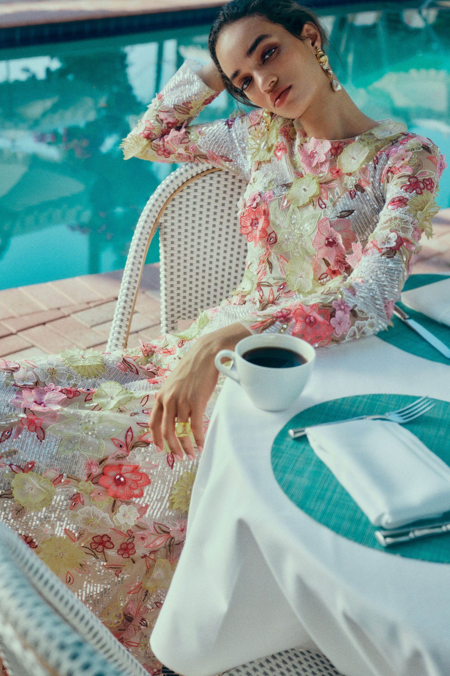 white floral embroidered gown