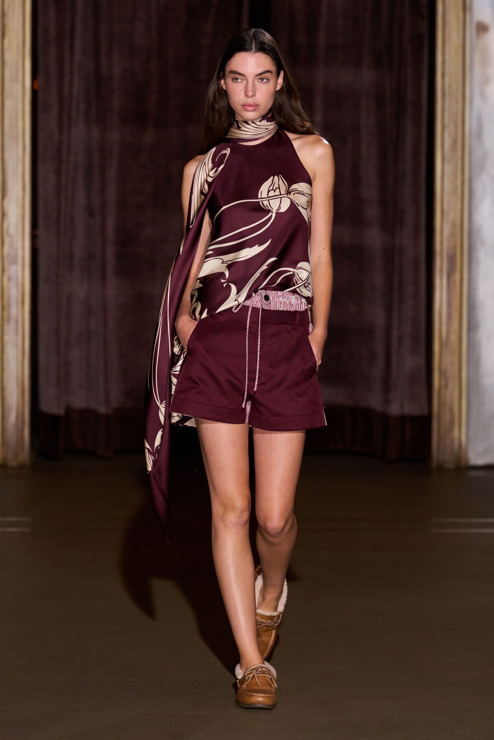 maroon silk fitted zippered shorts