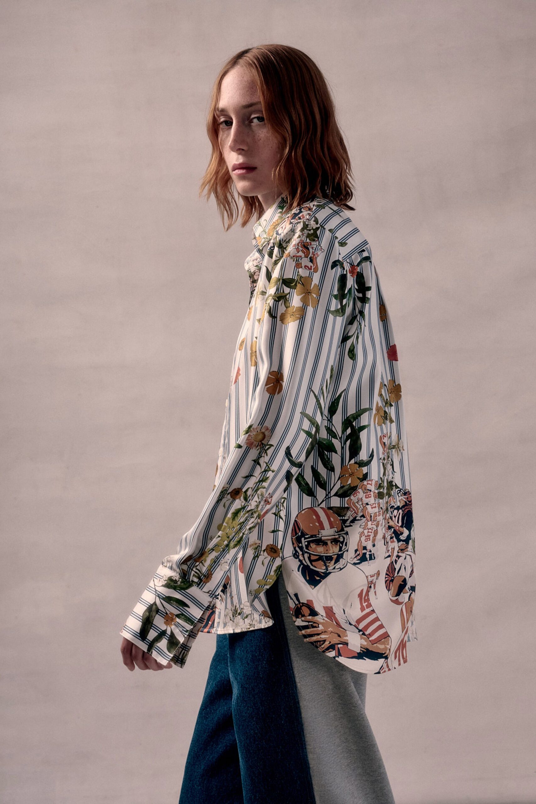printed relaxed shirt with denim pants