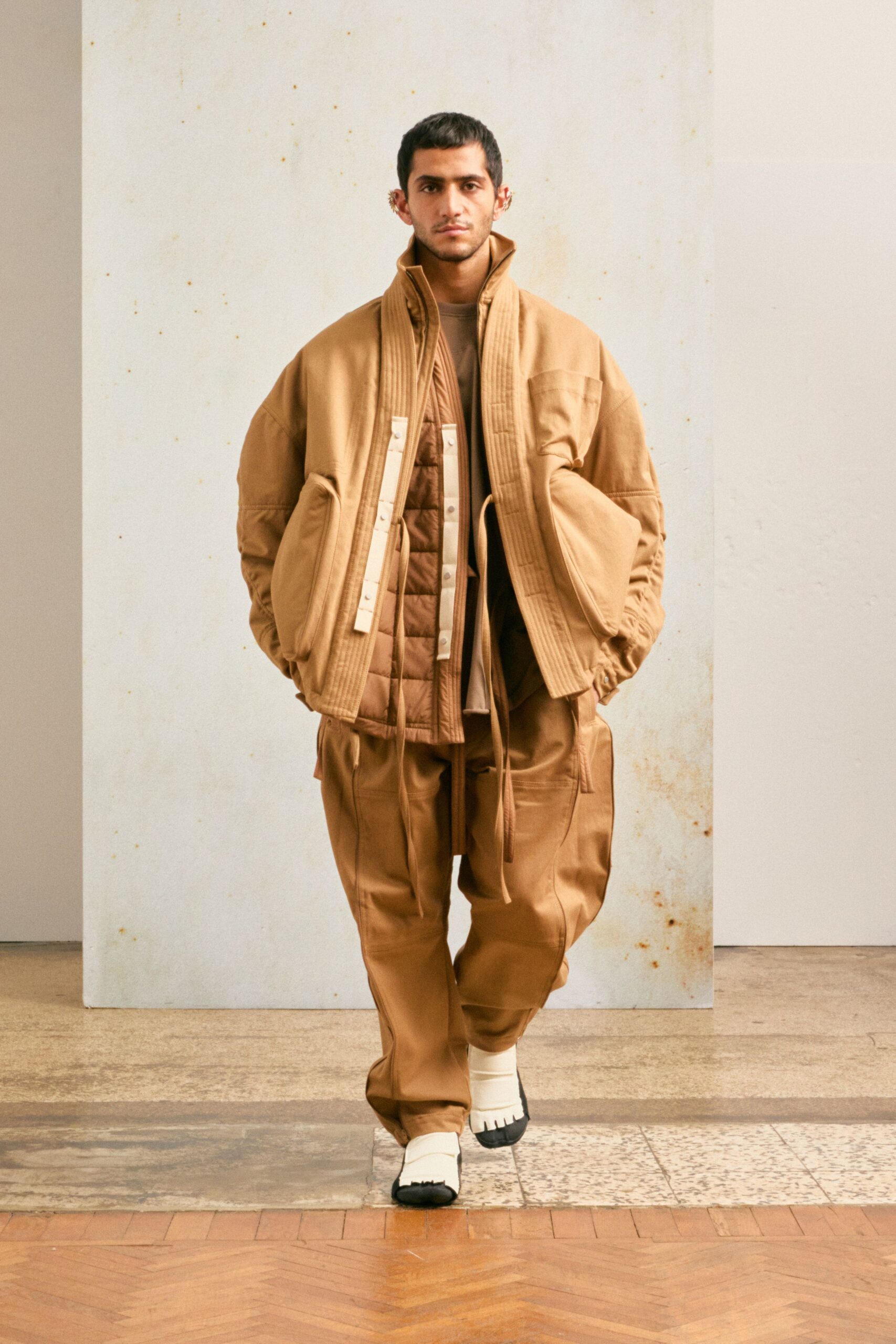 brown oversized jacket with cargo pants