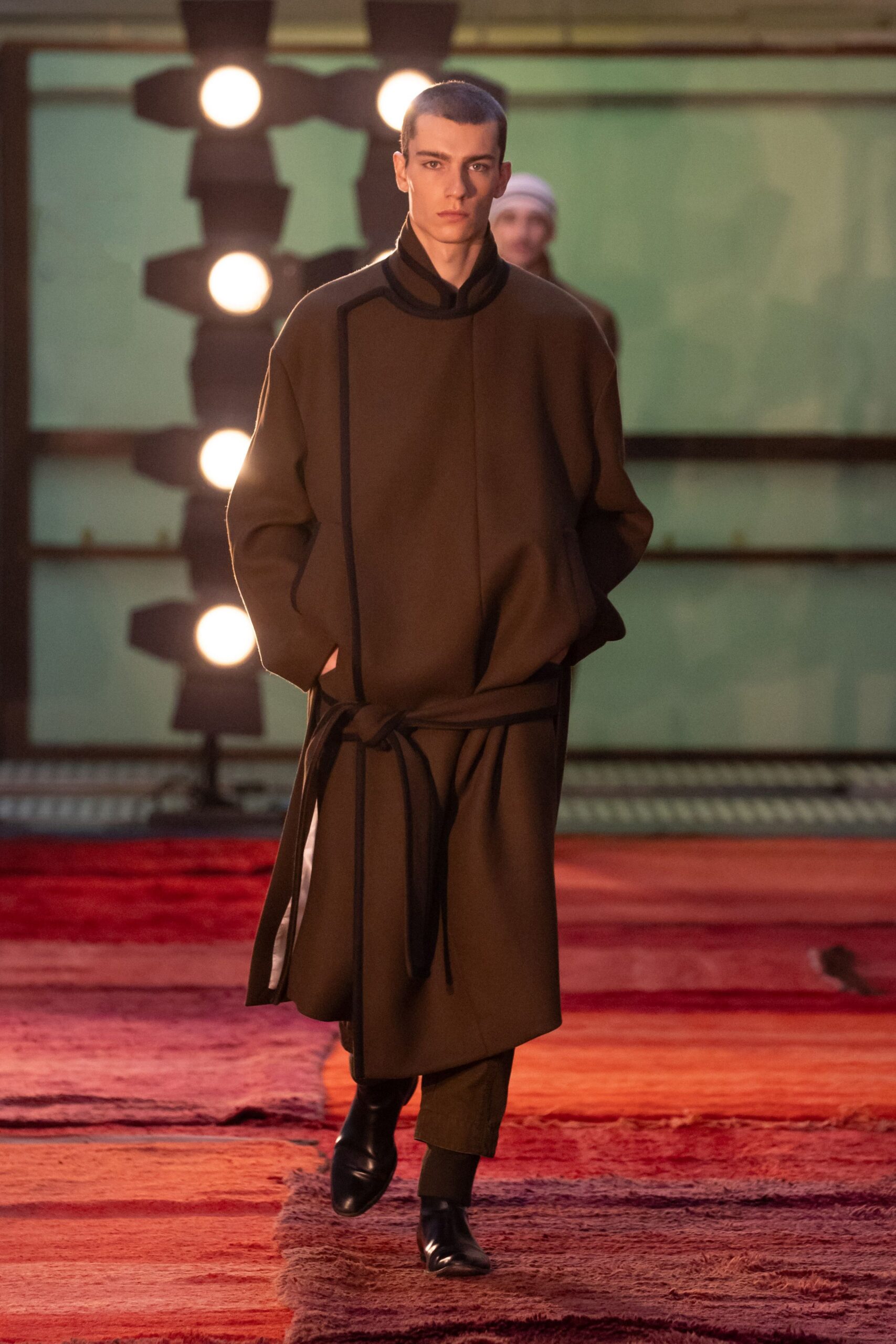 brown wool long-sleeve collared relaxed belted midi coat