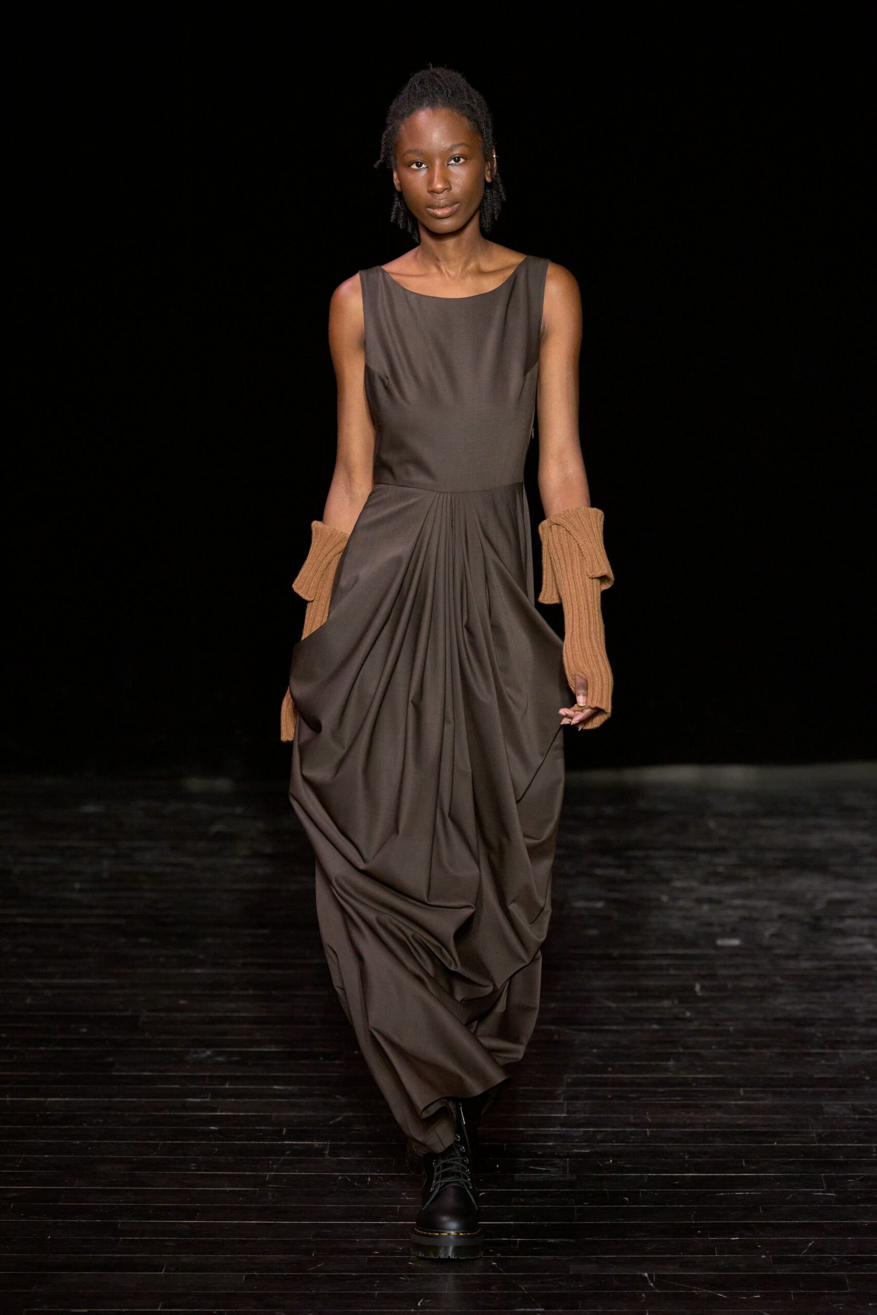 brown pleated maxi dress with gloves