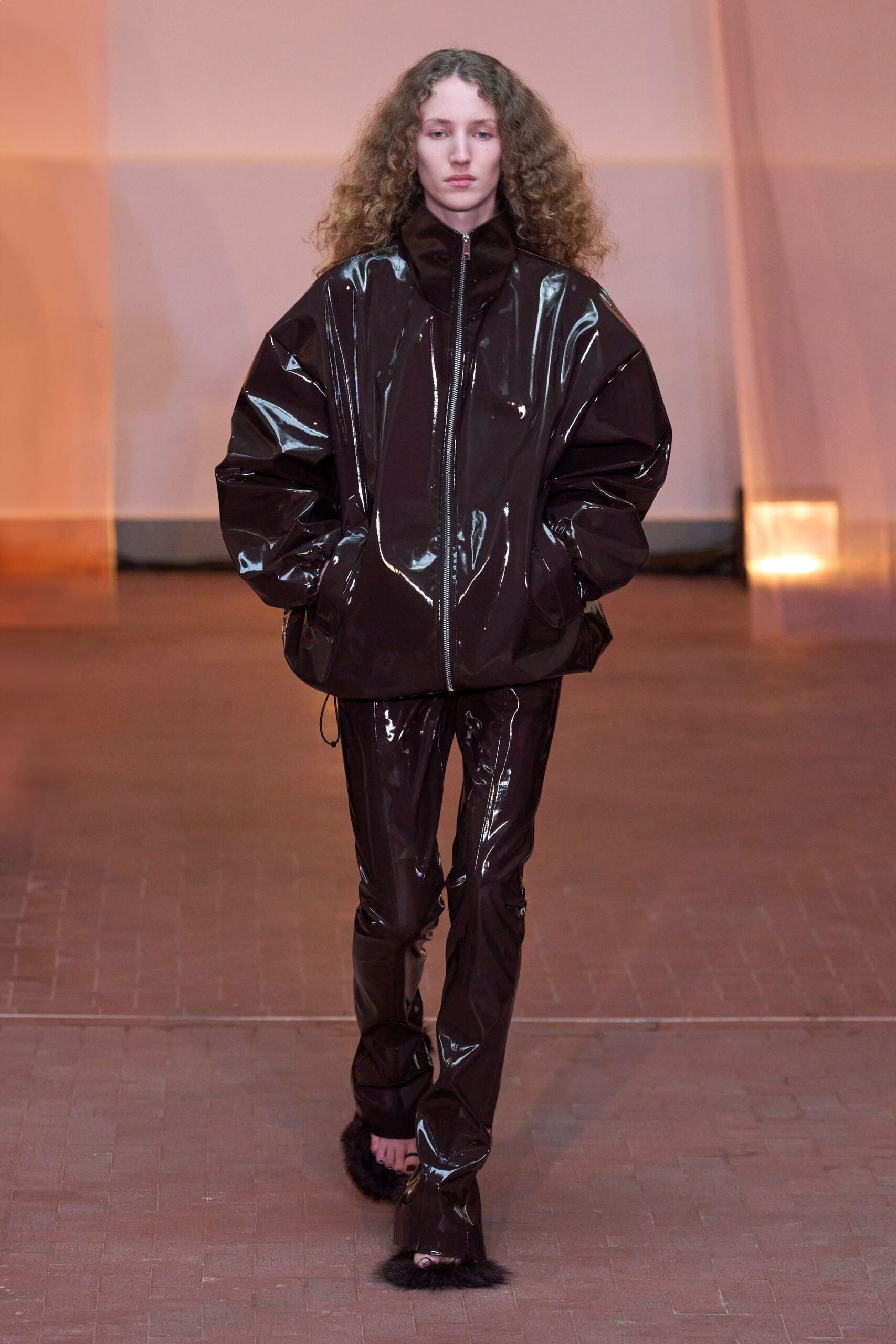 black vinyl long-sleeve collared oversized zippered shiny jacket