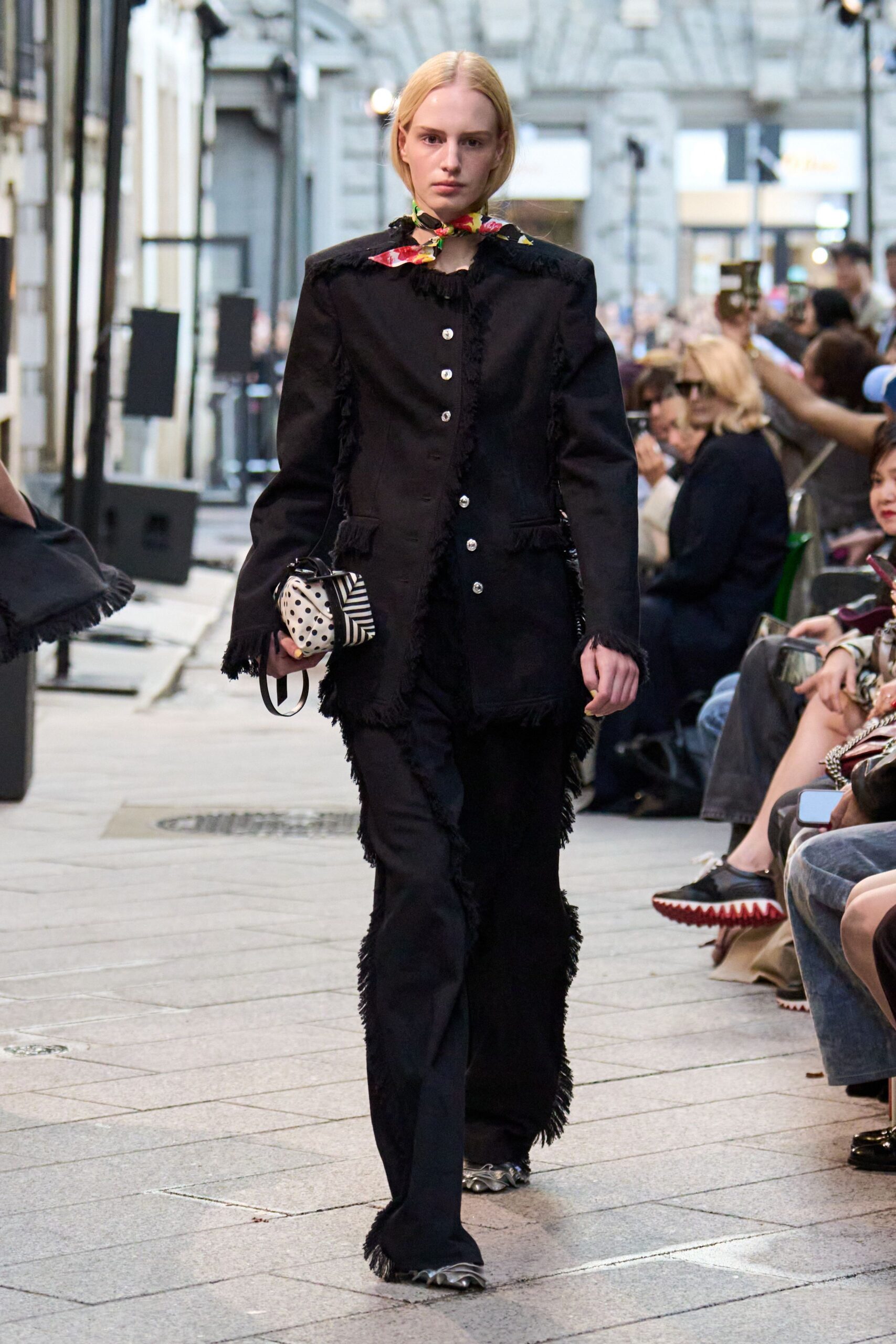 black cotton long-sleeve collared fitted fringed buttoned suit