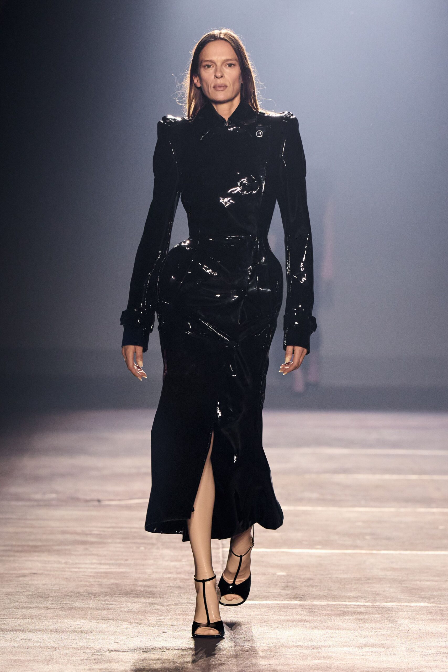 black vinyl long-sleeve v-neck fitted draped shiny gown