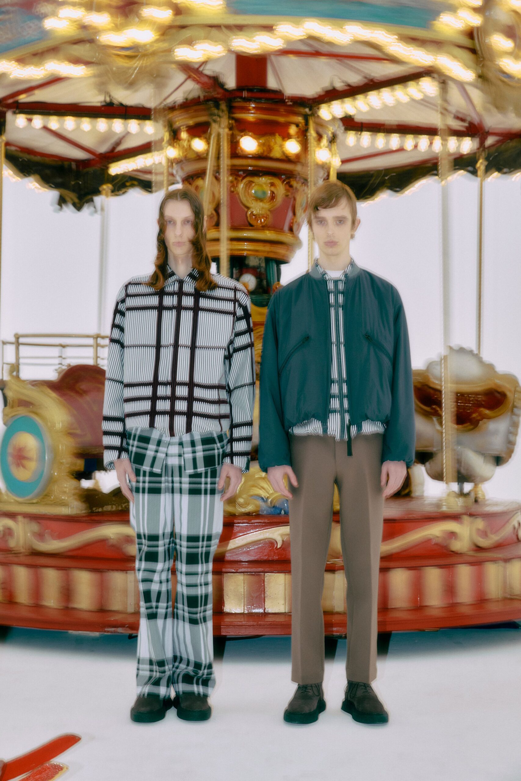 striped shirt and checked pants