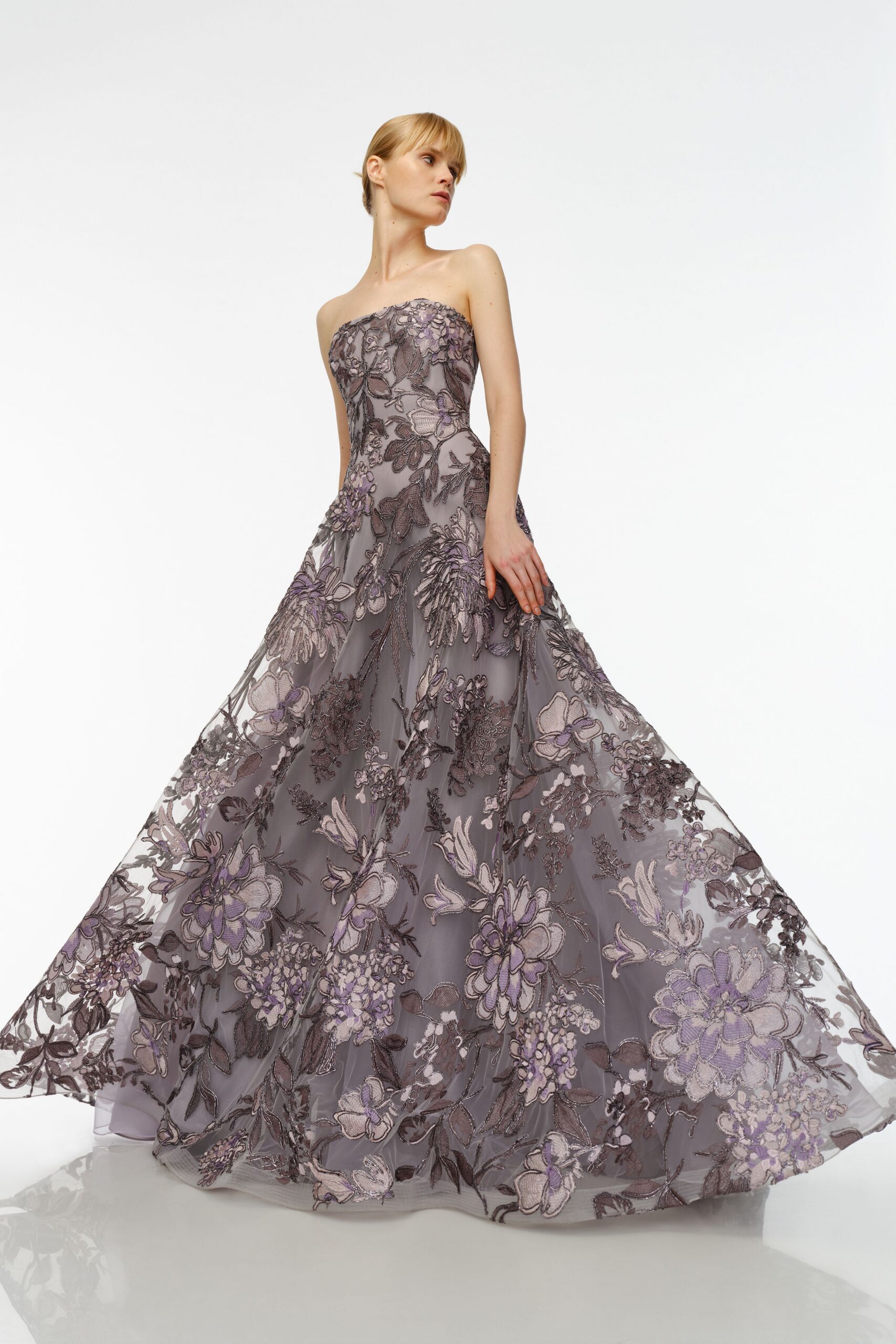 purple embroidered strapless gown