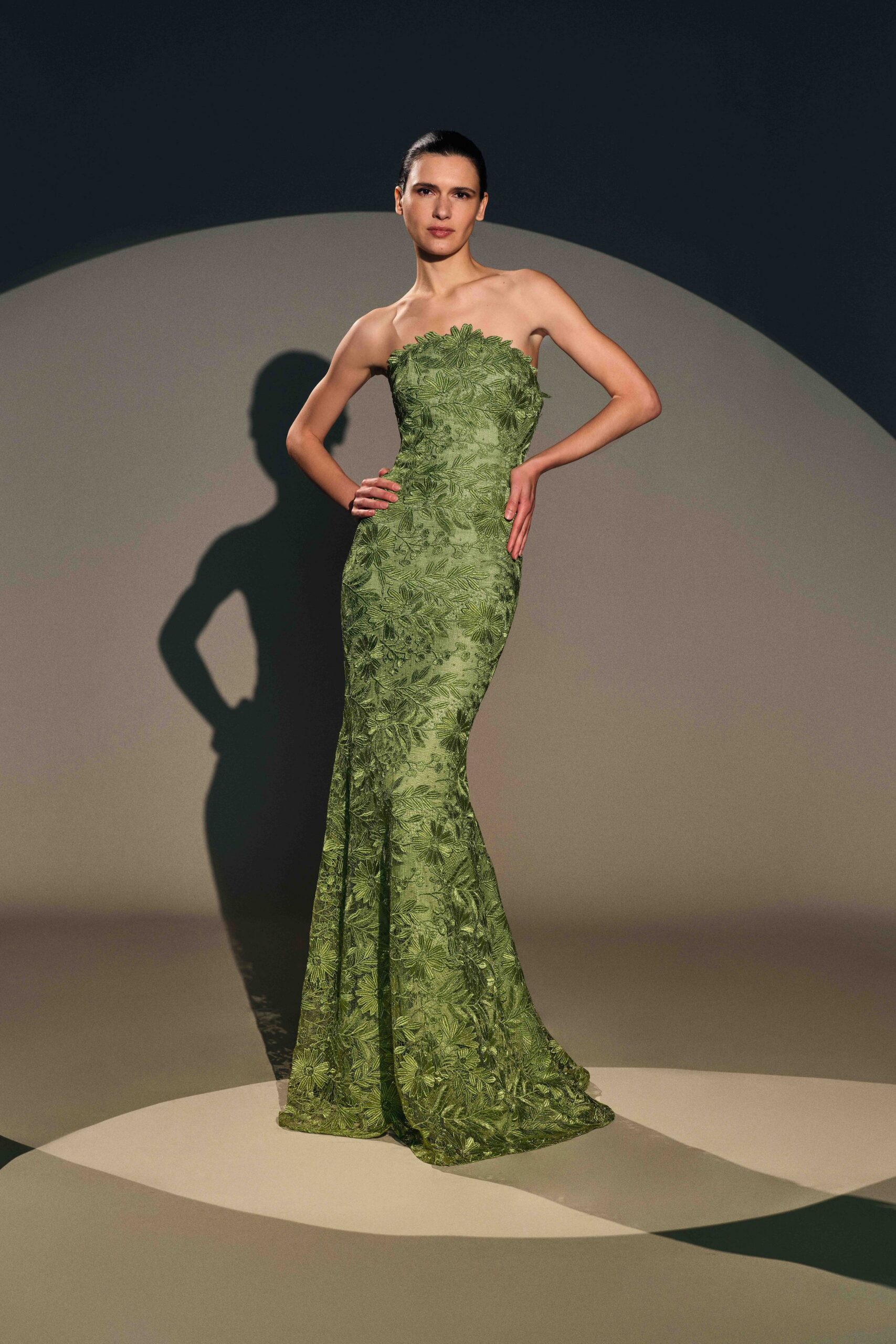 green lace strapless gown