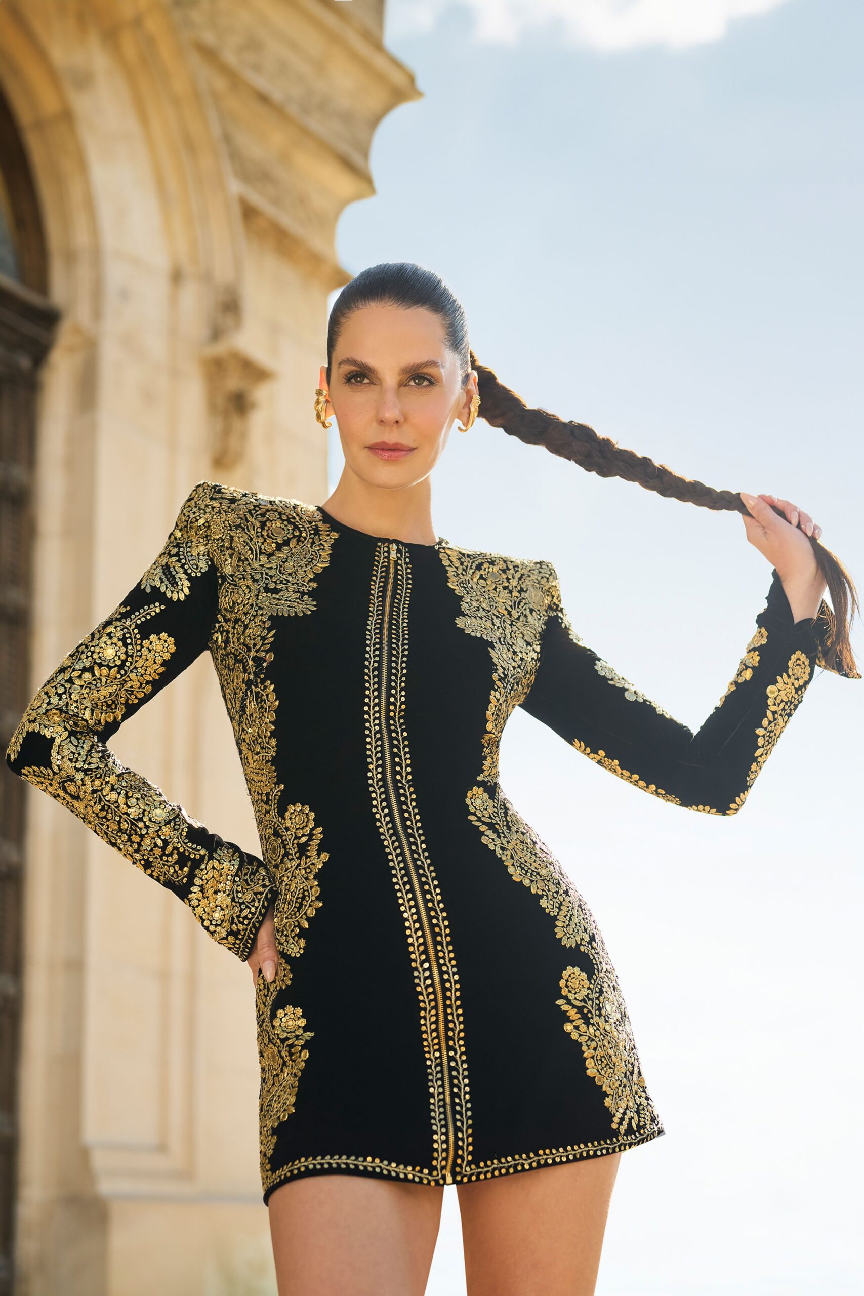 black velvet mini-dress with gold embroidery
