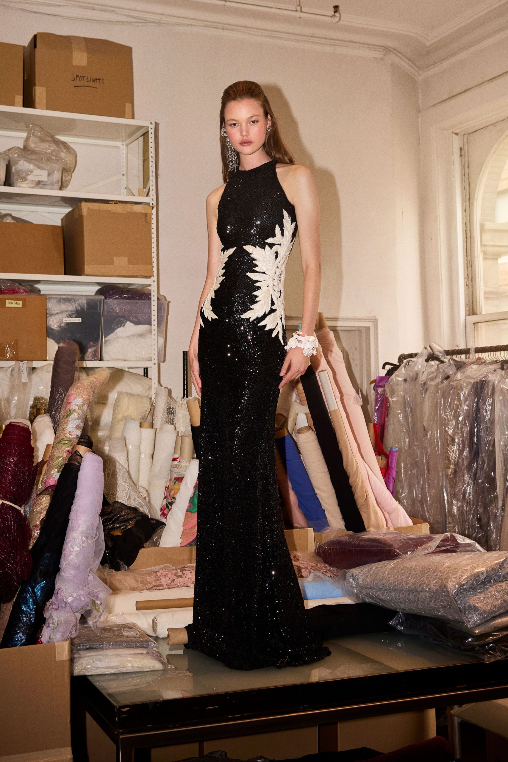 black and white sequin gown
