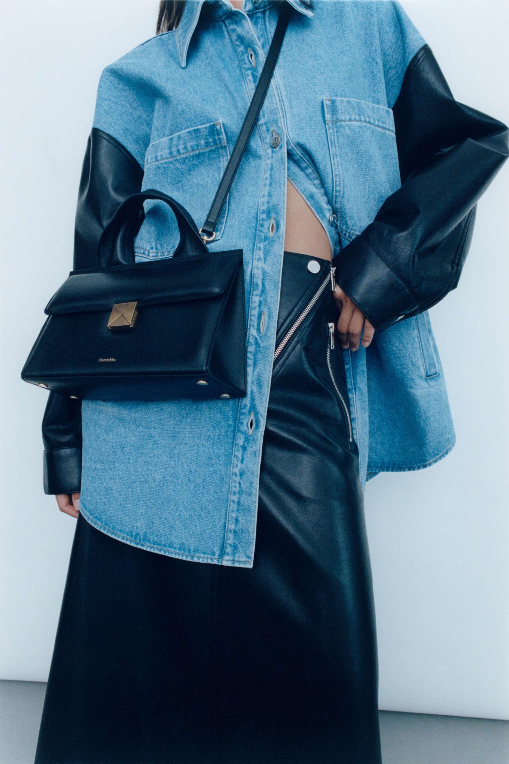 blue denim shirt black leather skirt