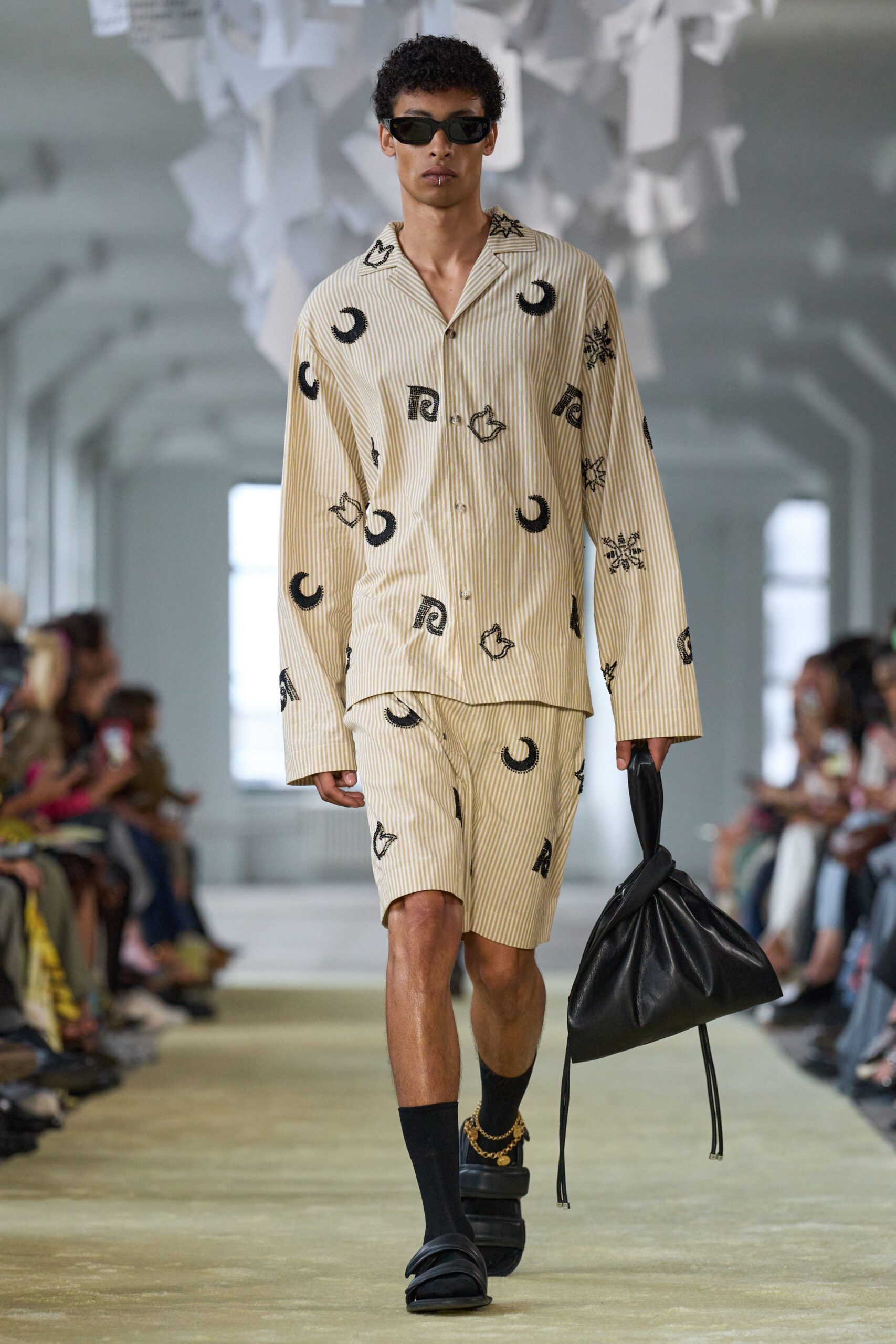 beige printed shirt and shorts