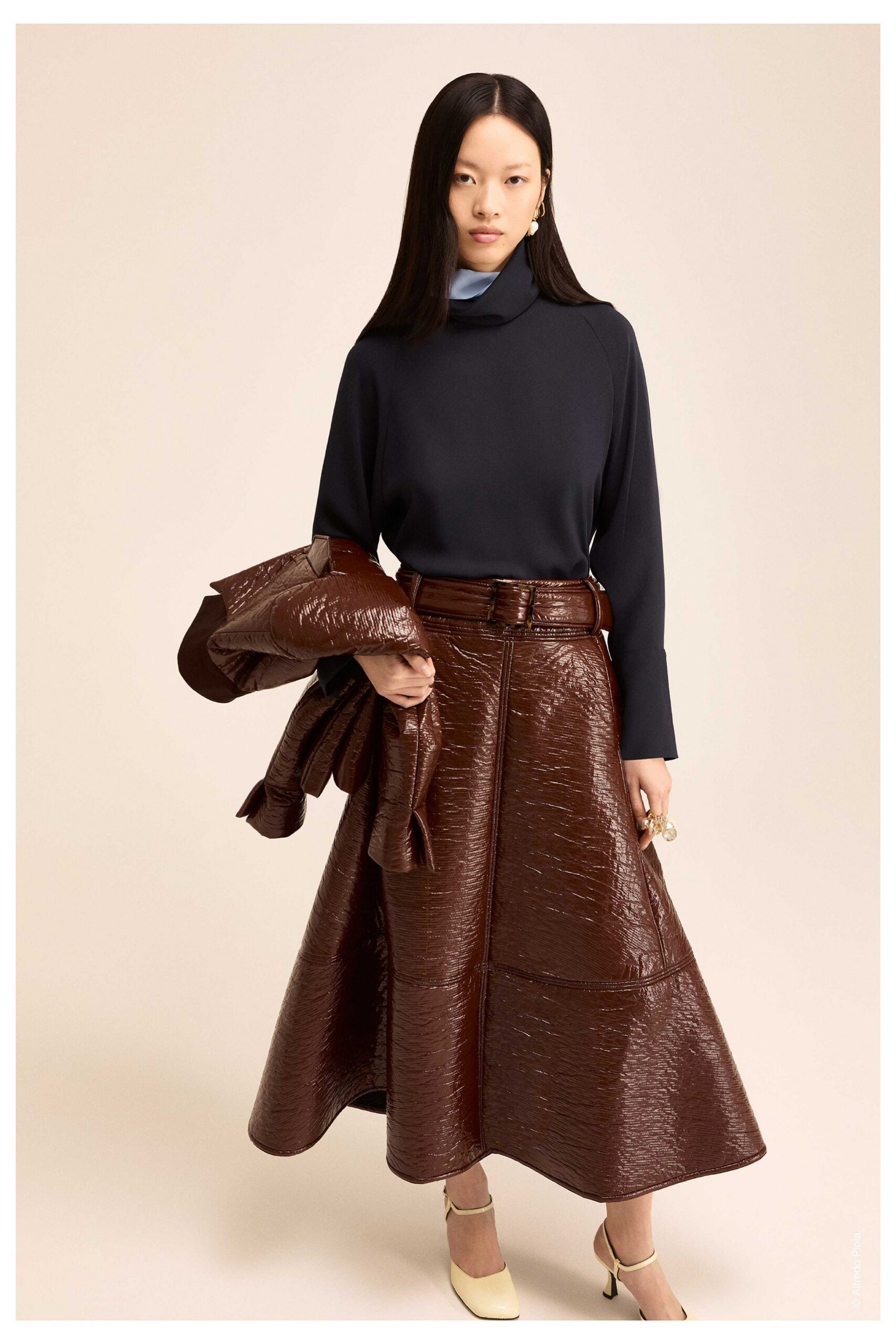 black silk top brown leather skirt