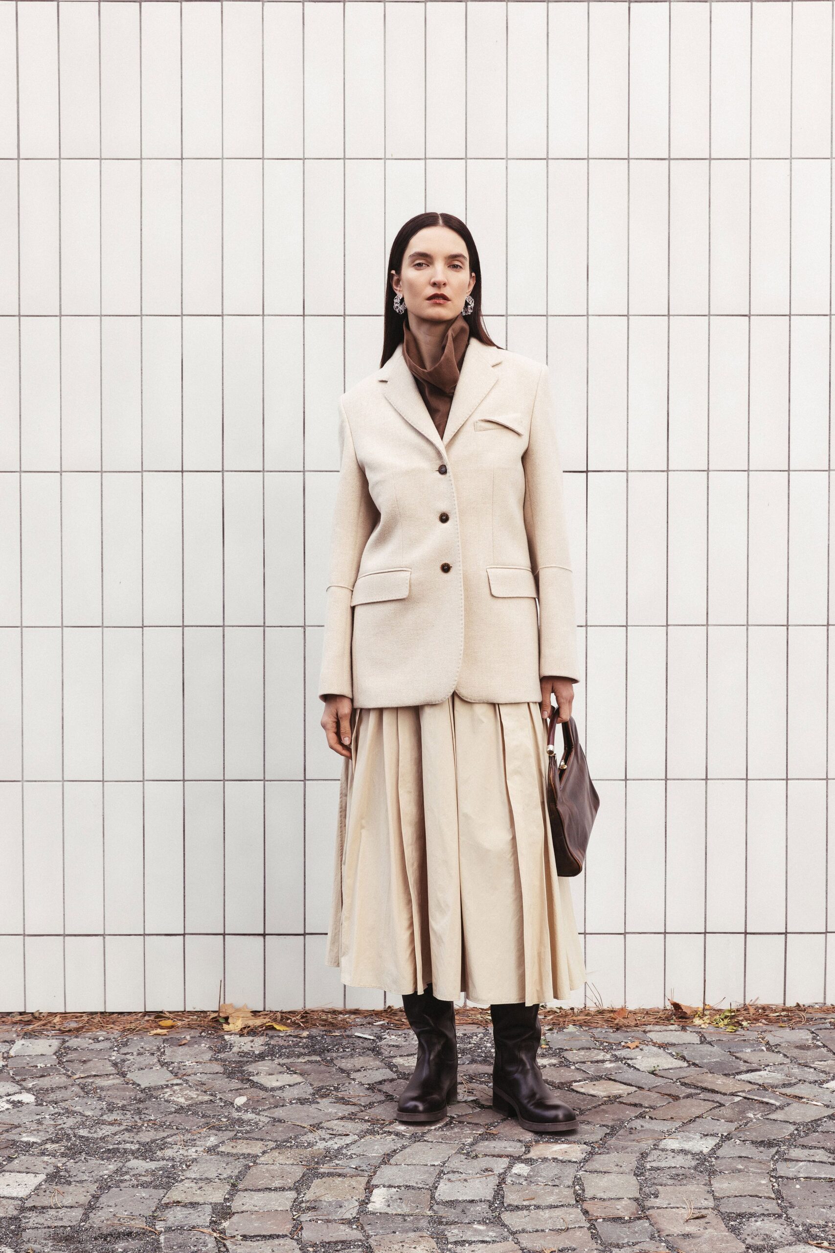 beige wool long-sleeve collared structured buttoned blazer