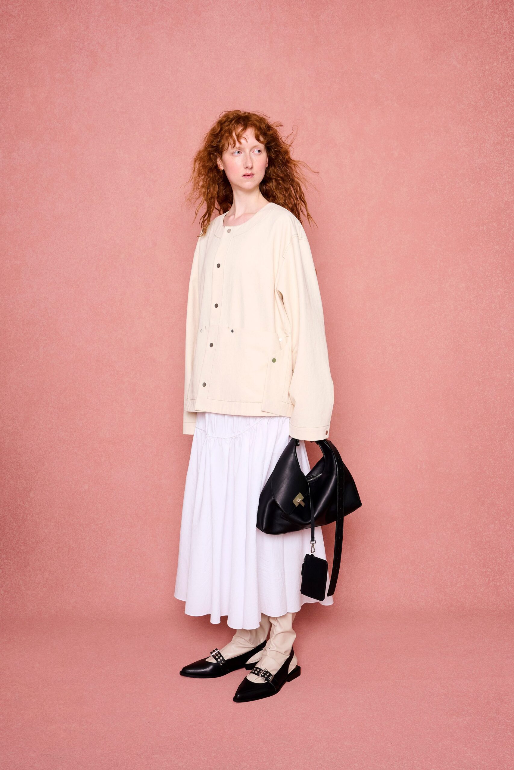 beige relaxed jacket with white midi skirt