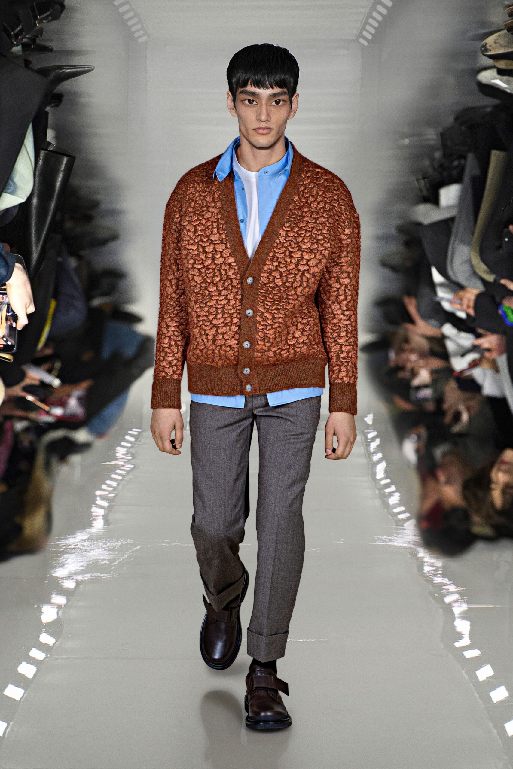 brown wool cardigan with blue shirt