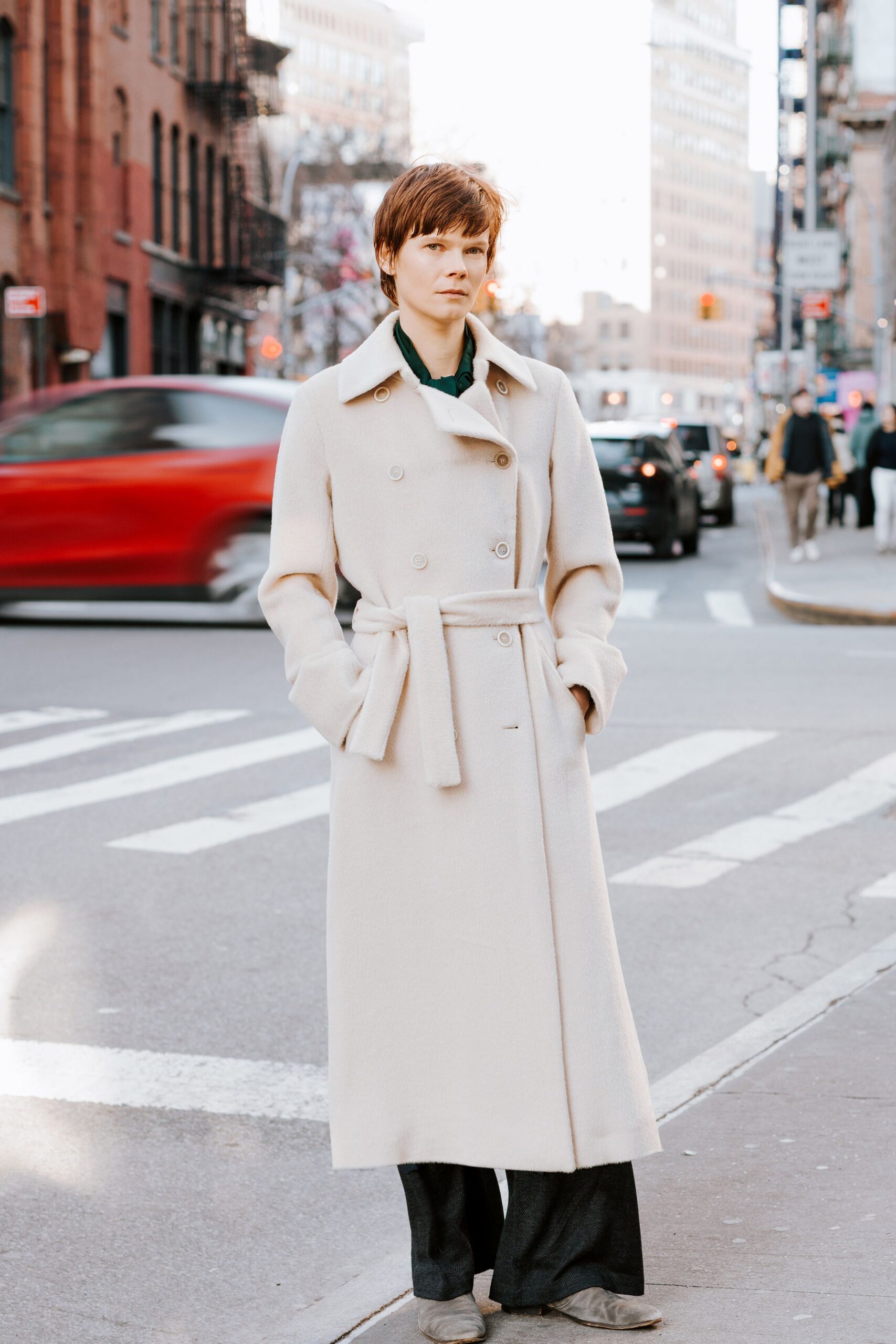 white wool long-sleeve collared tailored belted maxi coat