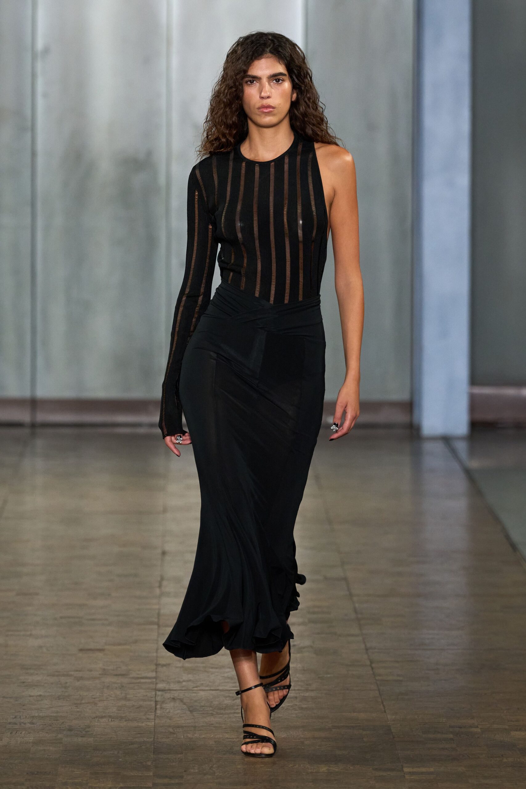 black mesh top and midi skirt