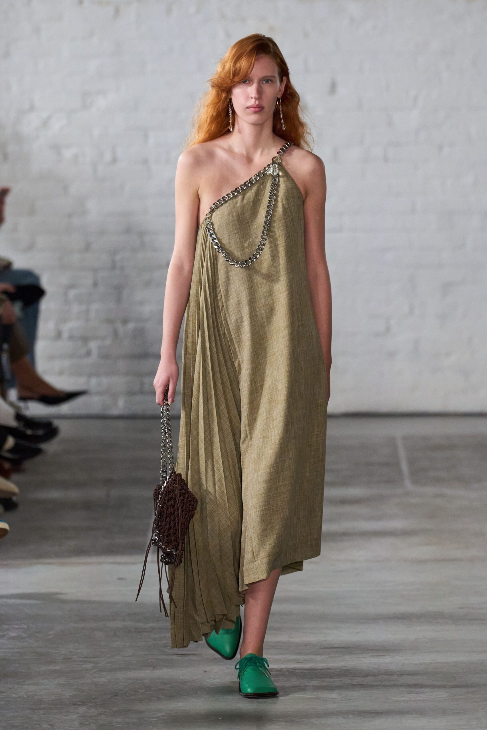 green cotton sleeveless asymmetric relaxed pleated maxi dress
