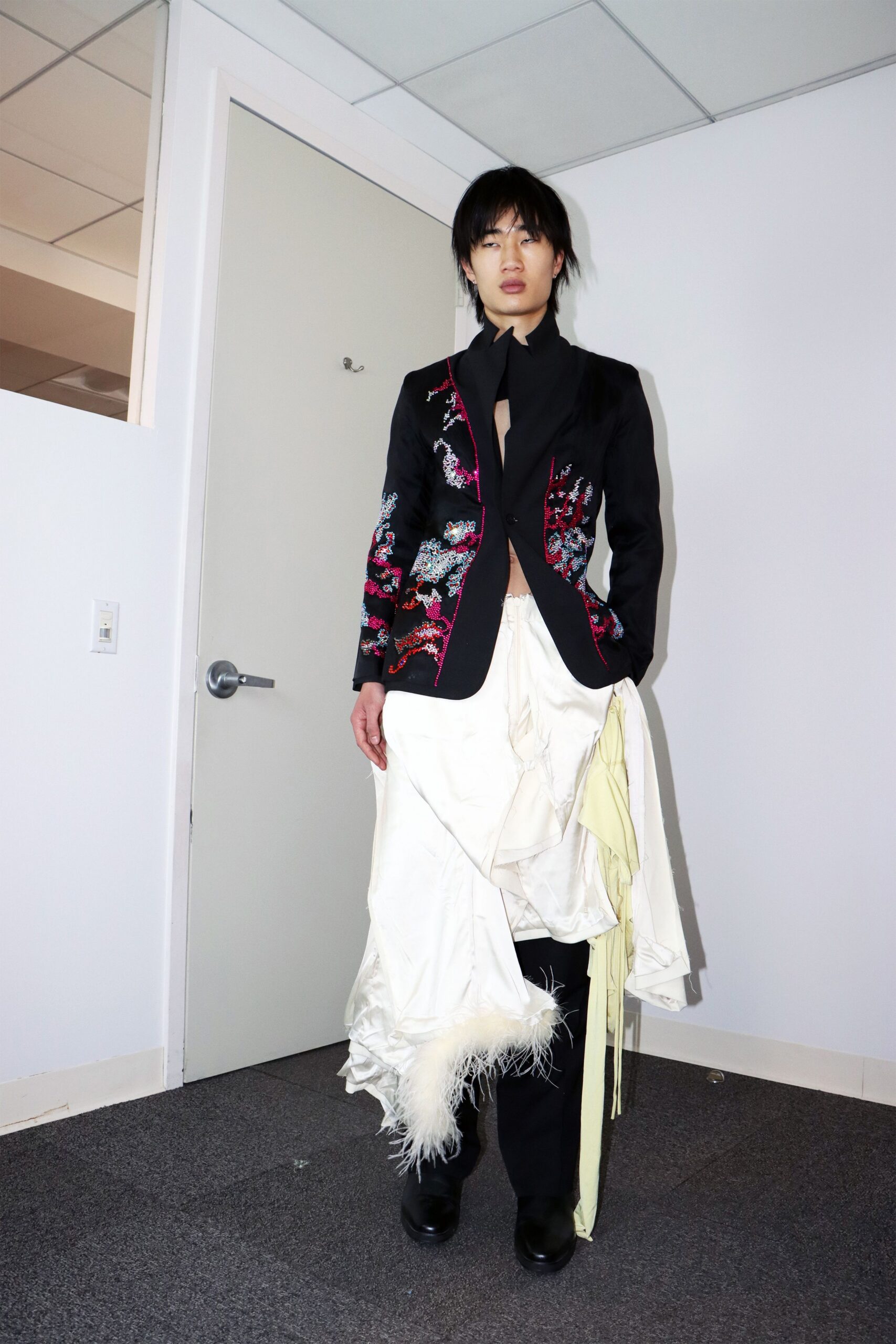 white silk asymmetric fitted layered flowing skirt
