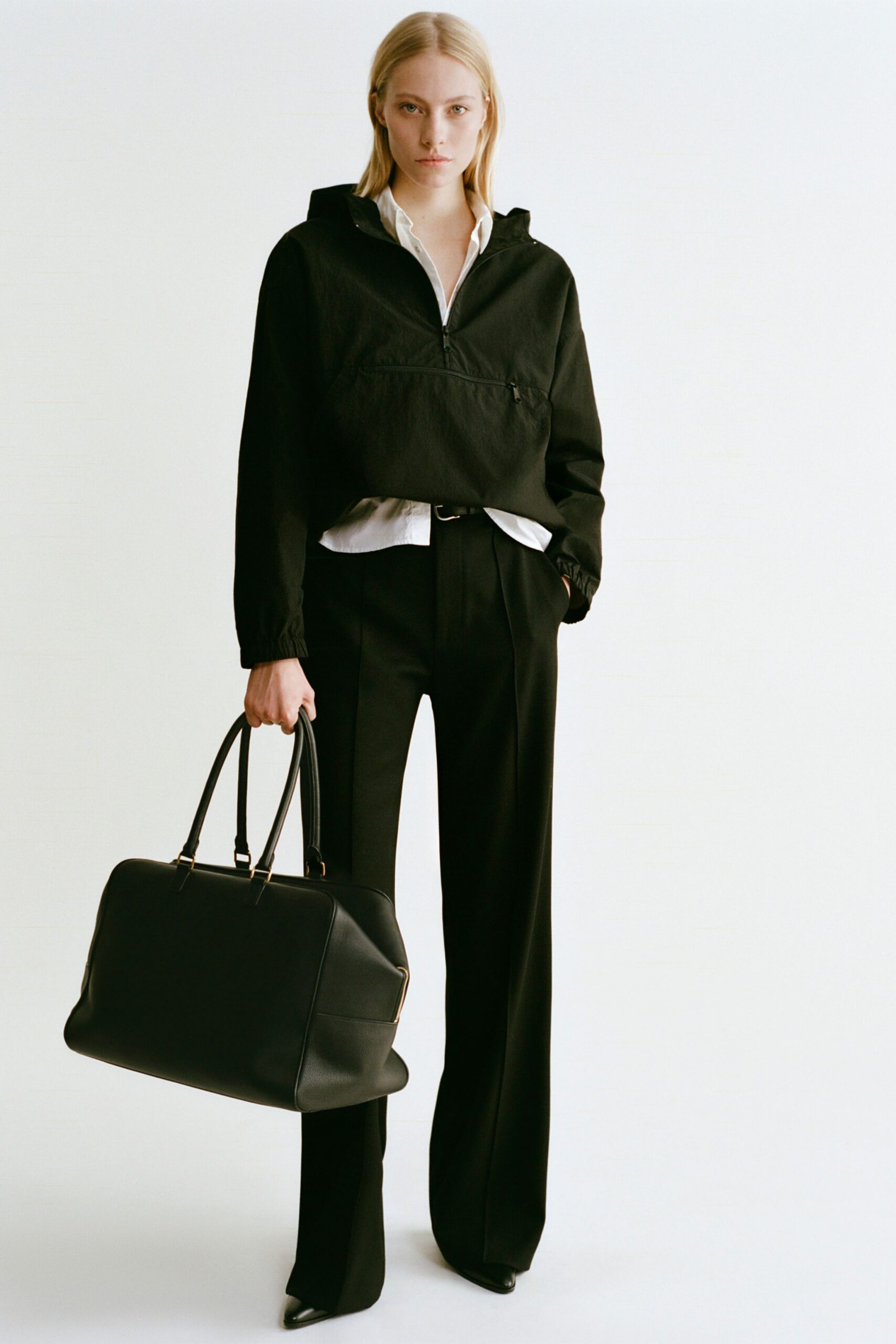 black jacket white shirt tailored pants