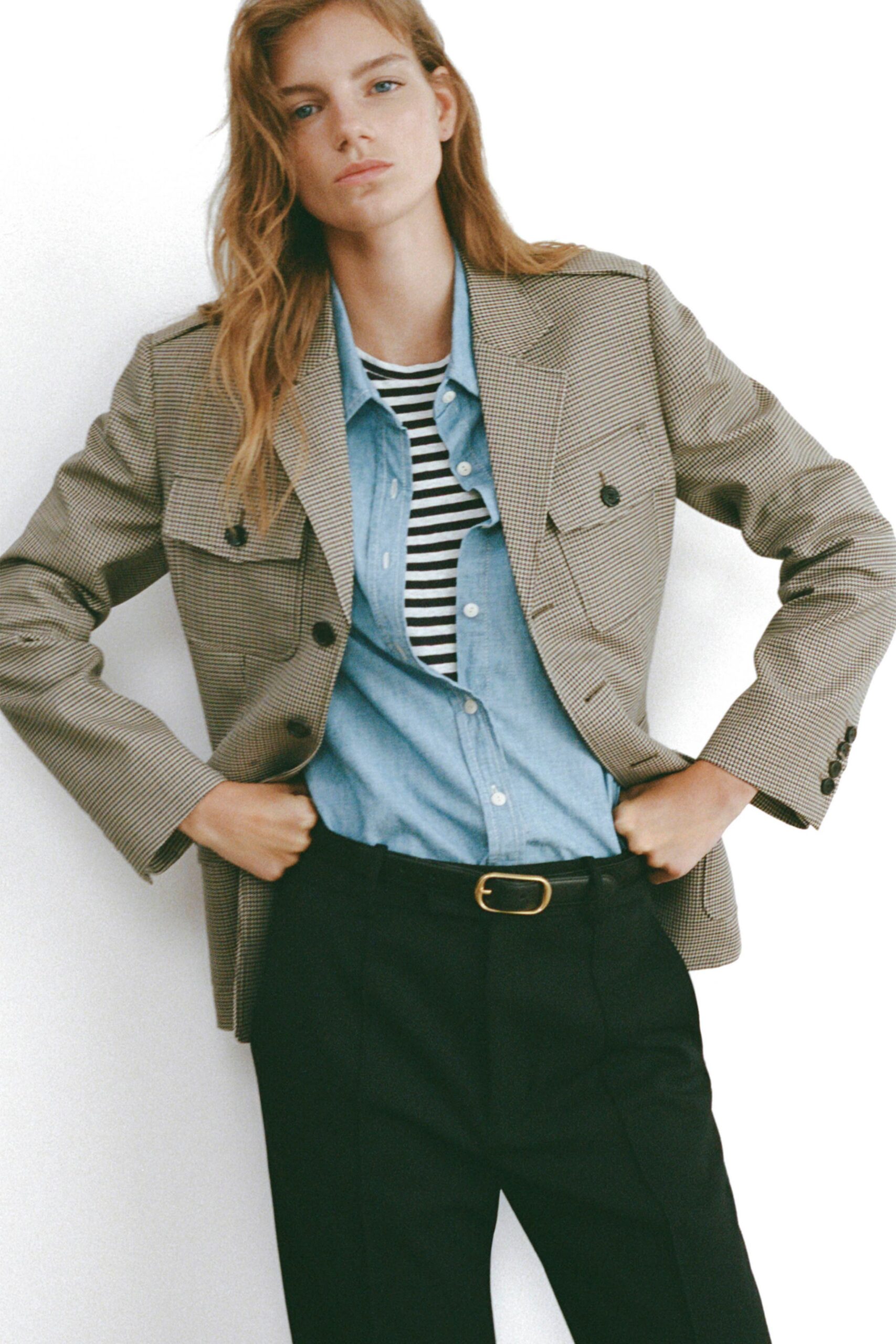beige checked blazer with blue shirt