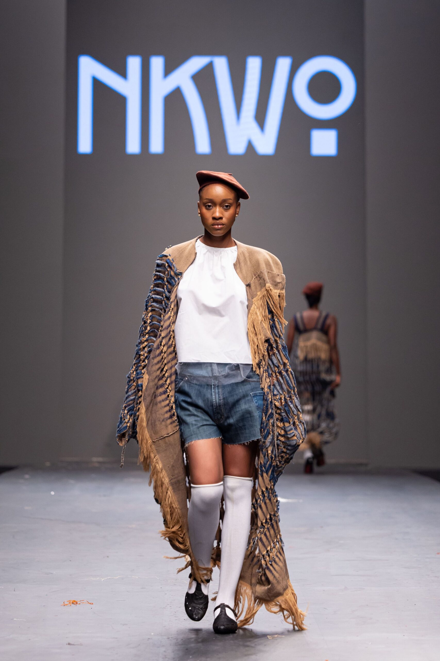 beige cotton oversized fringed cape