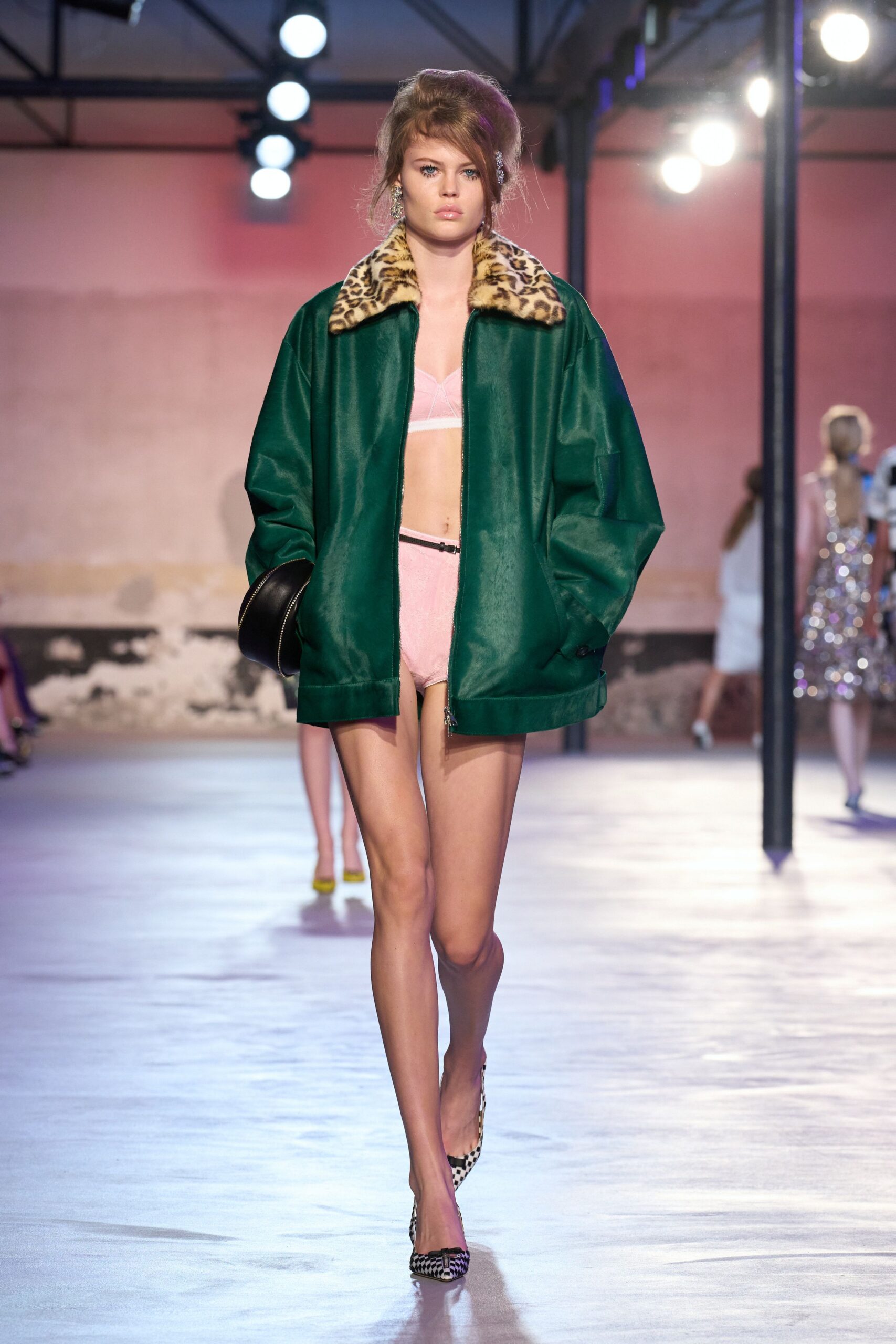 oversized green jacket with pink top