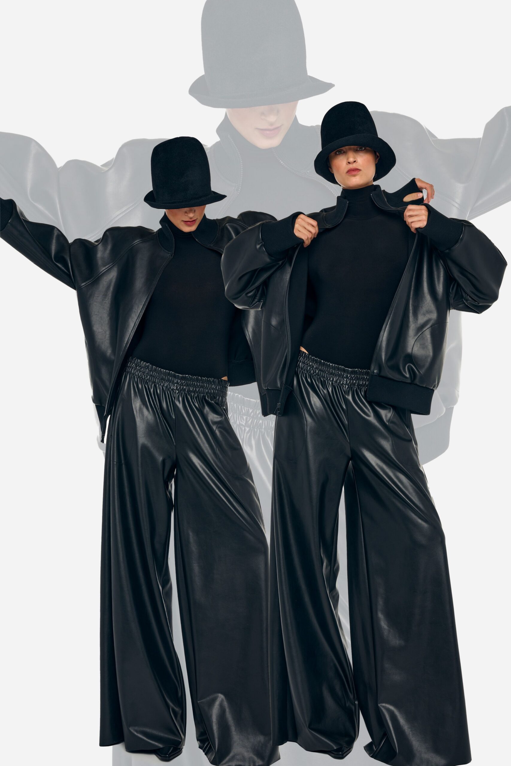black leather oversized jacket and pants