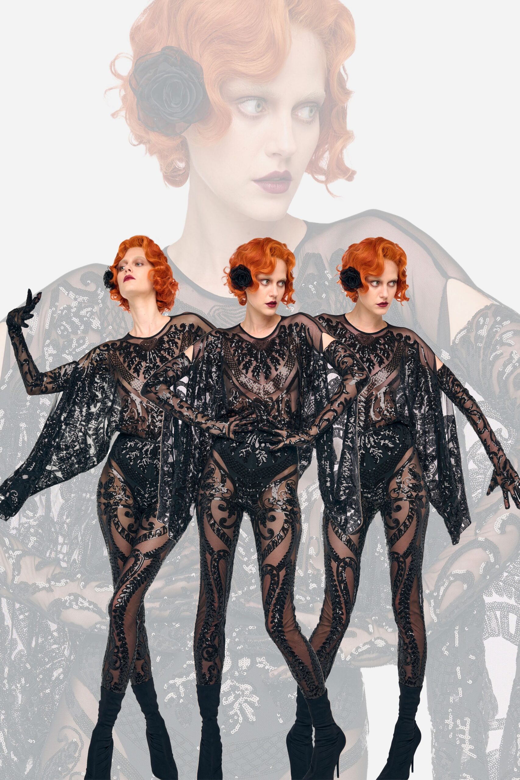 black lace long-sleeve v-neck fitted sequined embroidered catsuit