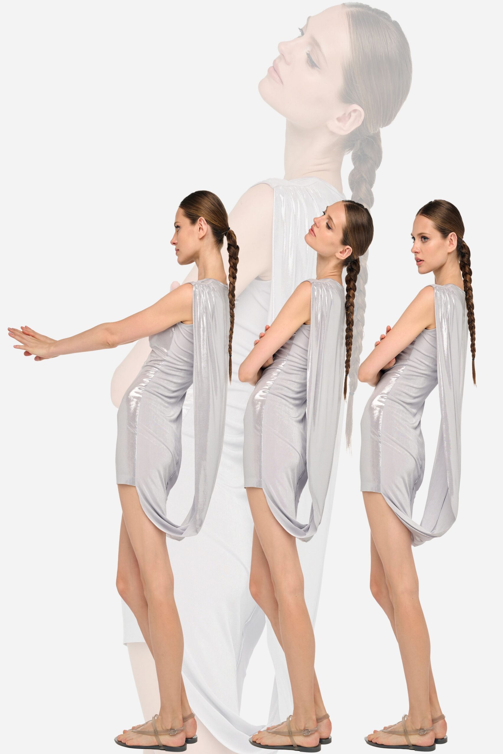 silver draped mini dress with sandals