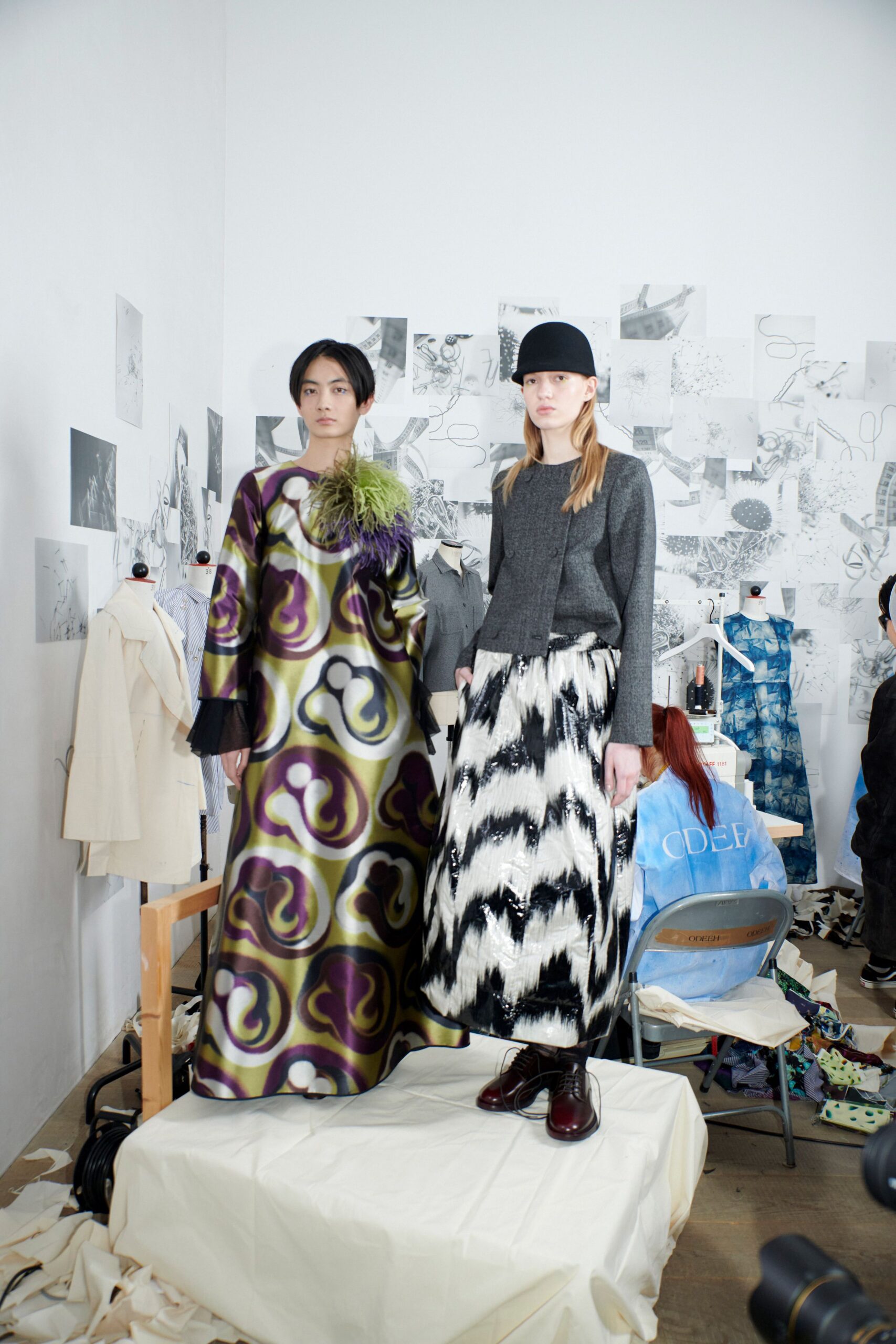 multi-colored maxi dress and tailored jacket