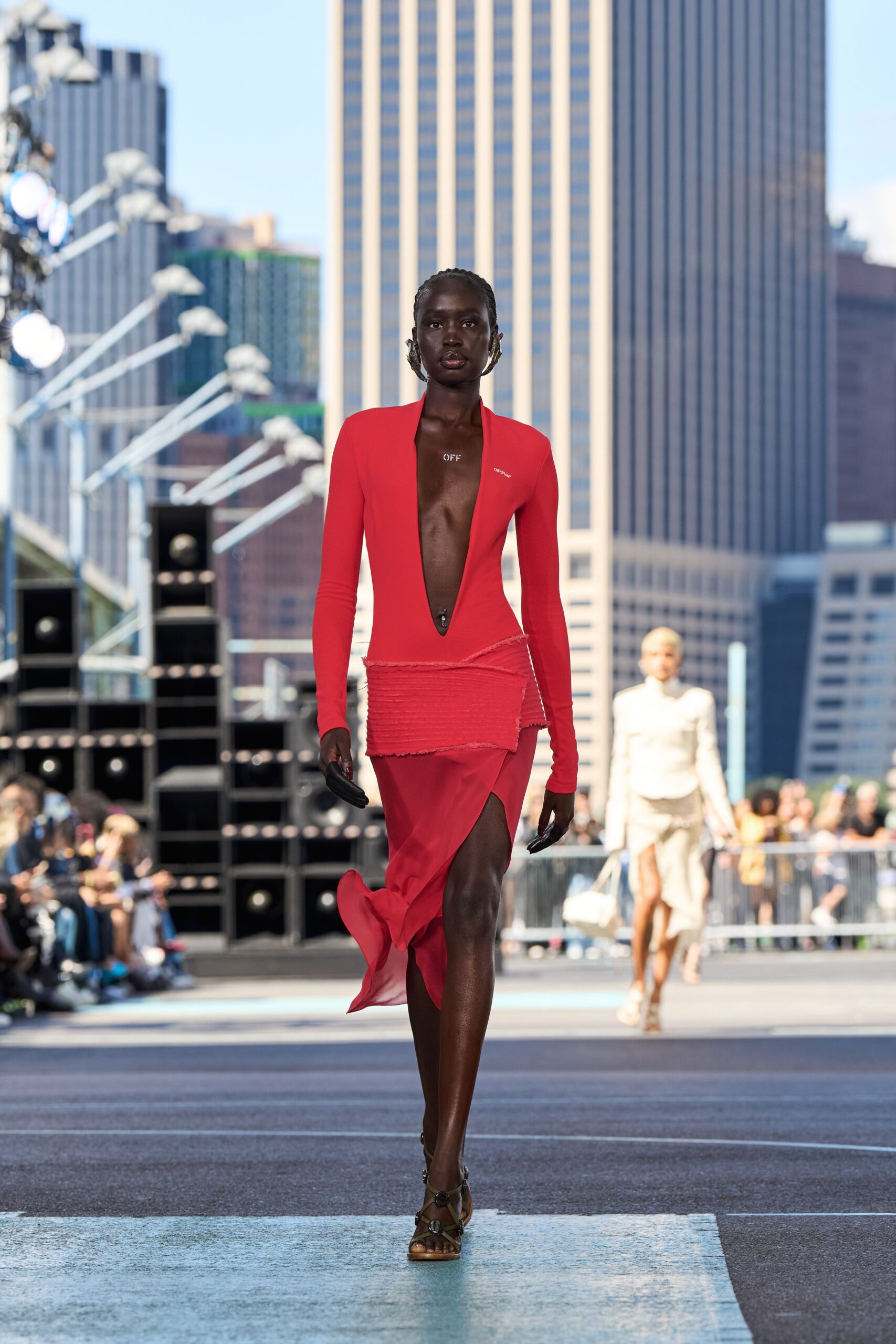 red silk long-sleeve v-neck fitted layered midi dress