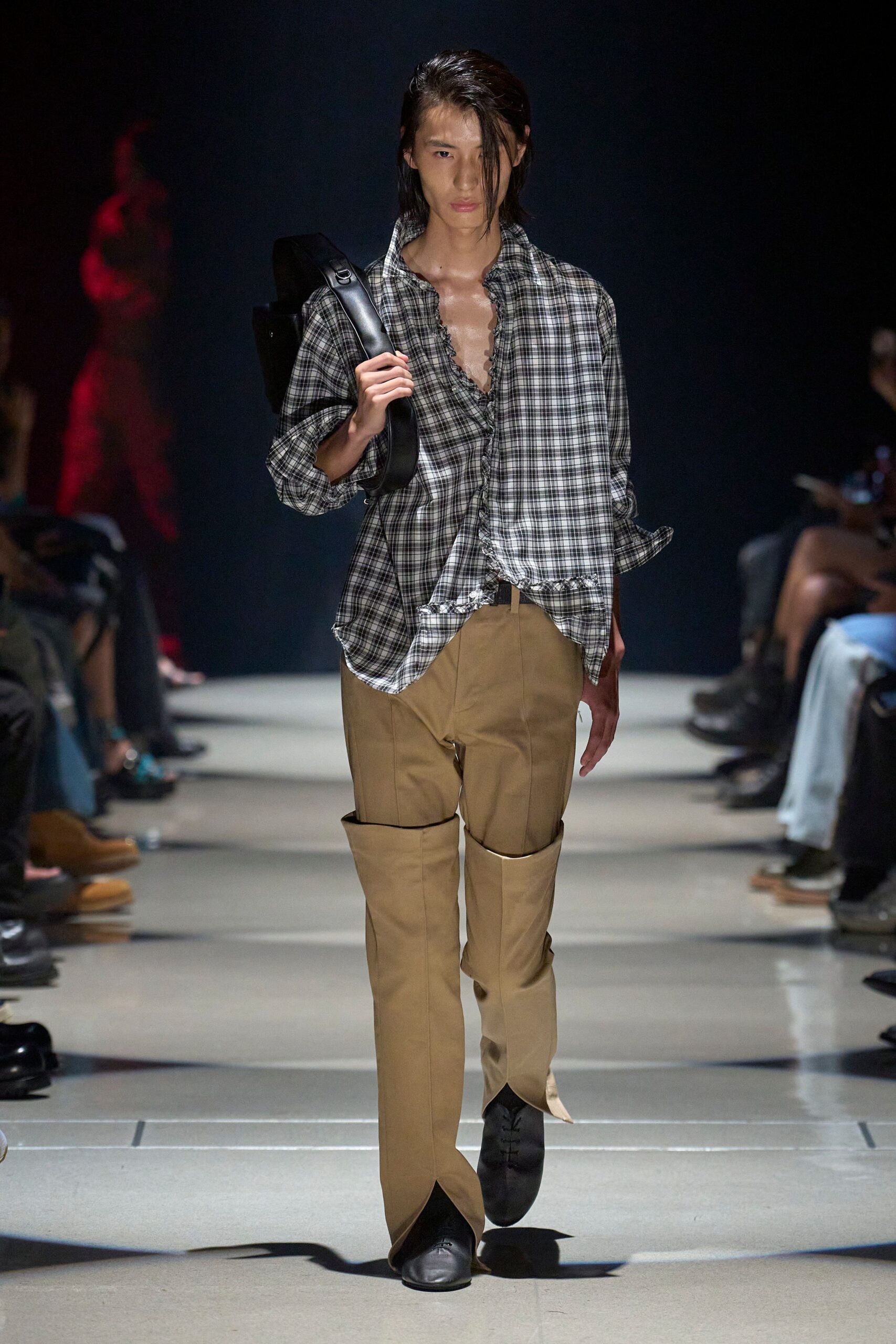 checked shirt beige pants